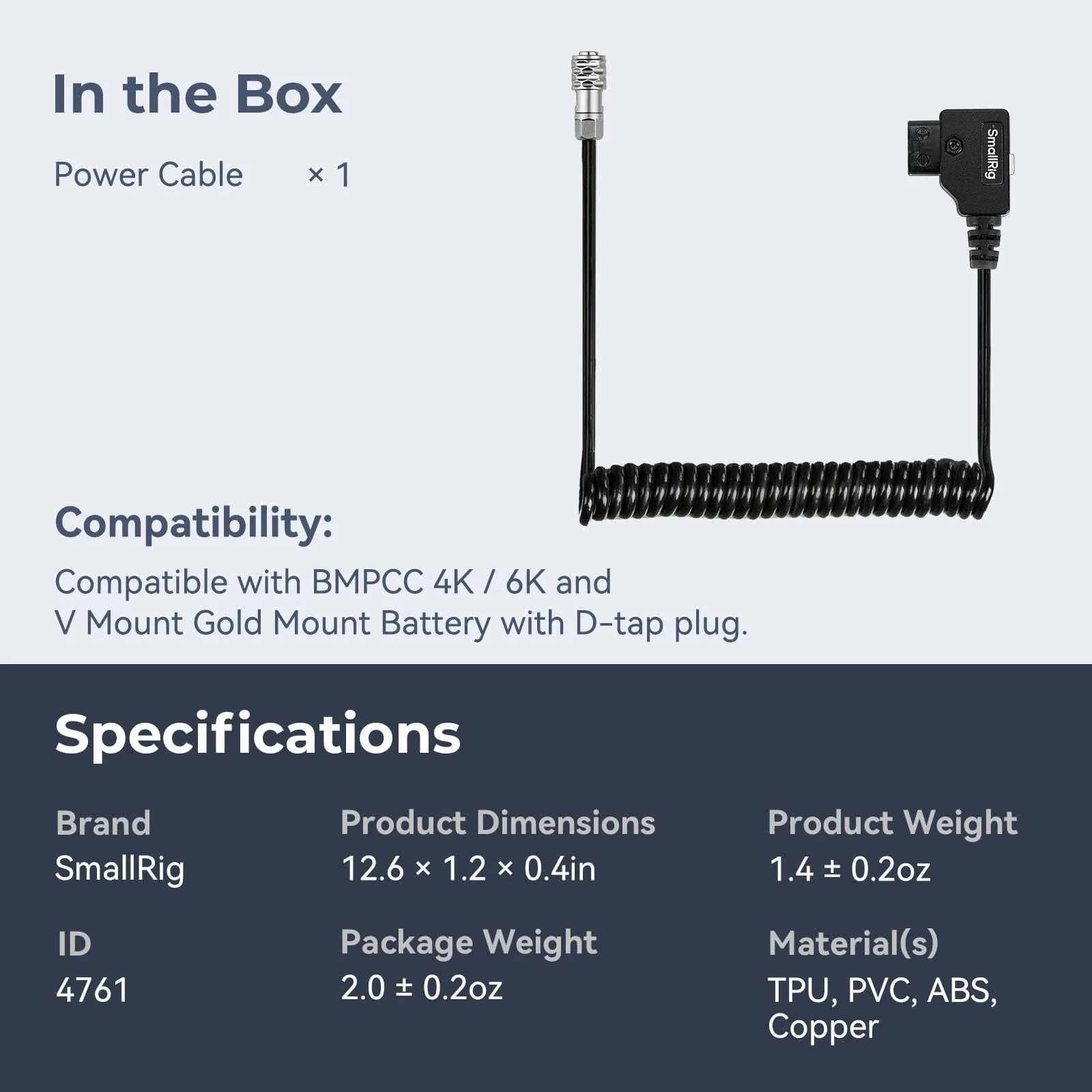 SMALLRIG D-TAP to BMPCC 4K/6K Coiled Power Cable Suitable for Blackmagic Pocket Cinema Camera 4K / 6K for V Mount Gold Mount Battery, Weipu SF6 2 Pin Female to P Tap, 15 inch - 47 inch Length - 4761 - Image 8