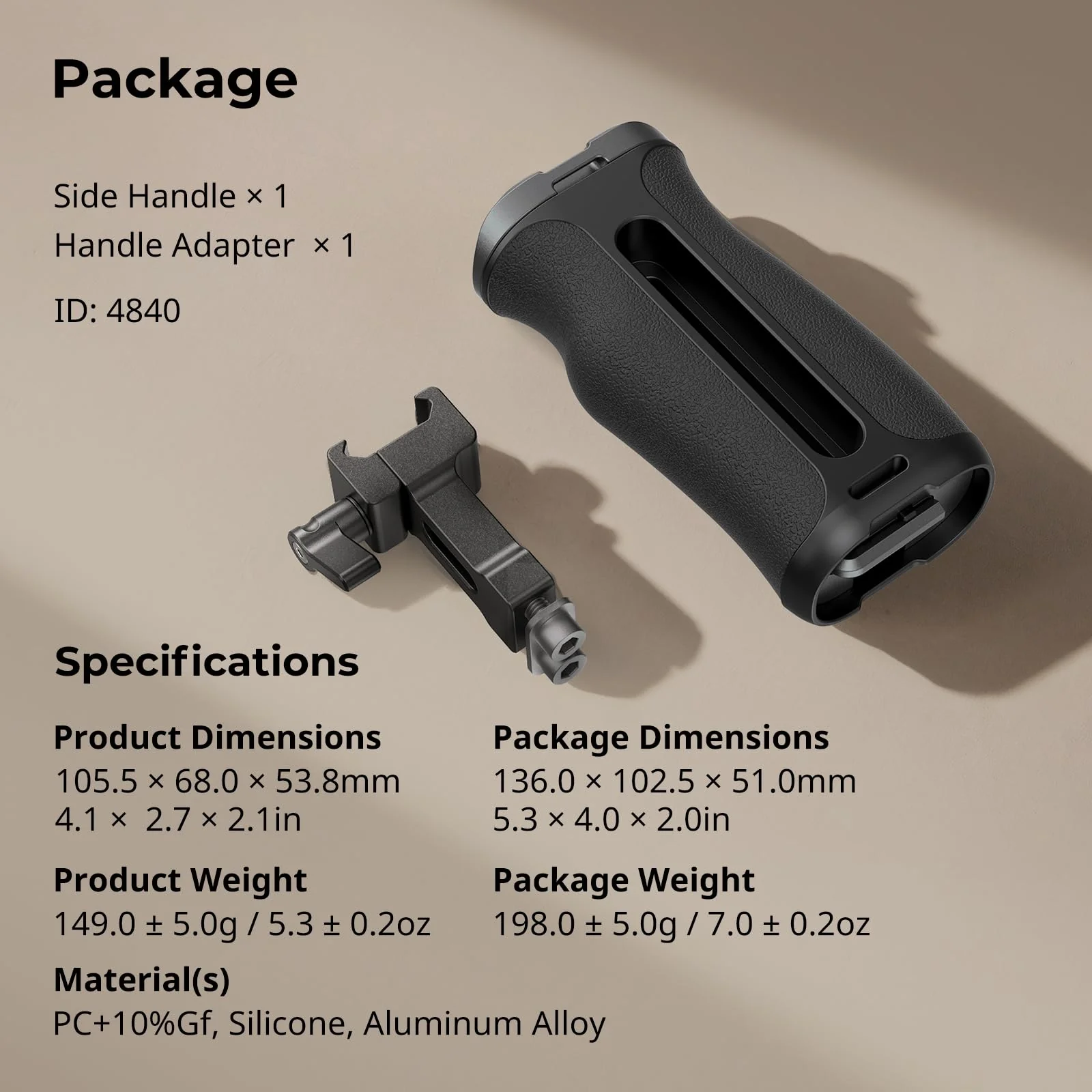 SmallRig Mini NATO Side Handle for Camera Cages, Universal Ergonomic Side Handgrip, 43mm Up/Down Adjustable, Bulit-in 1/4"-20 Threaded Hole, Strap Hole, Cold Shoe - 4840 - Image 8