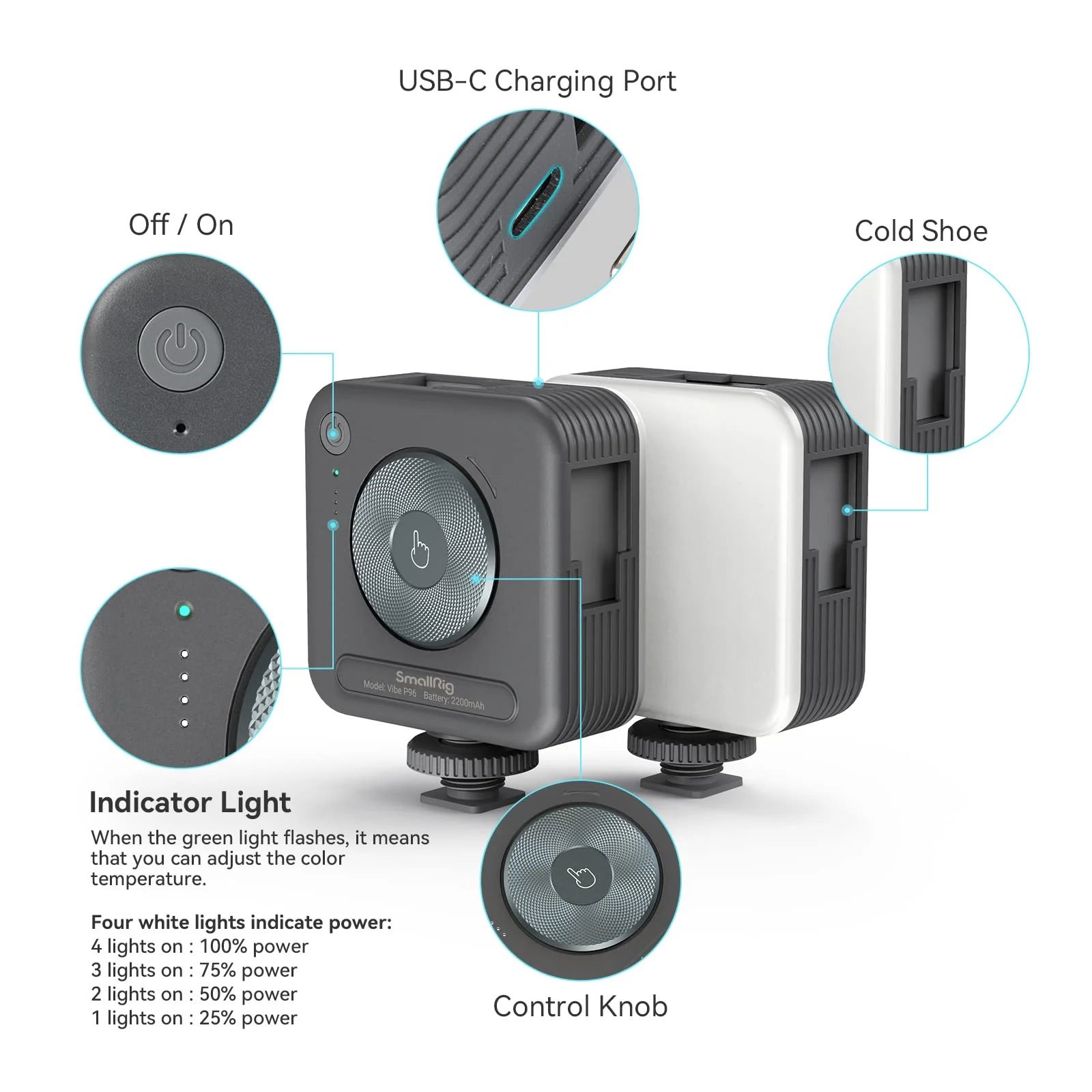 SmallRig P96 LED Video Light, Portable Camera Lights, 96 LED Beads for Photography Video Lighting, Rechargeable 2200mAh CRI 95+ 2700-6500K w 3 Cold Shoe Gray - Image 10