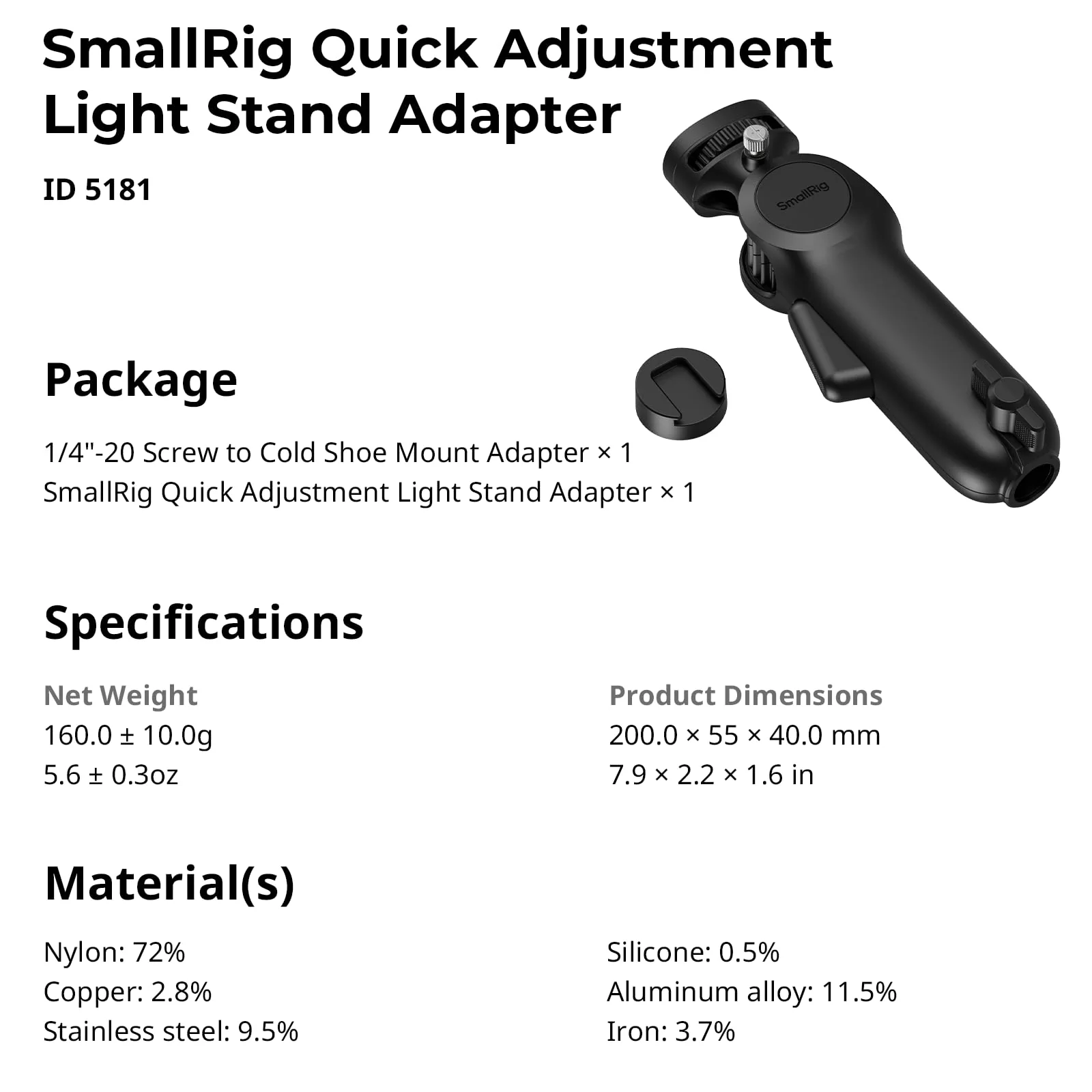 SmallRig Quick Adjustment Light Stand Adapter, One-Button 180° Pitch Adjustment, 3kg Load Capacity, for COB Video Light/Camera/Phone Clips, for On-Camera Flash, 5181 - Image 6