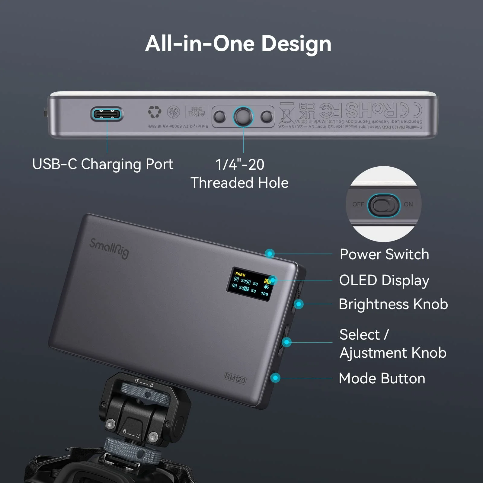 SmallRig RM120 RGB Video Light, 5000mAh 180 Minutes Portable Camera Light 7W Output Power, LED Video Light Panel, 2500-8500K CRI TLCI 98+ for TikTok, Content Creator, Photographer - Image 3