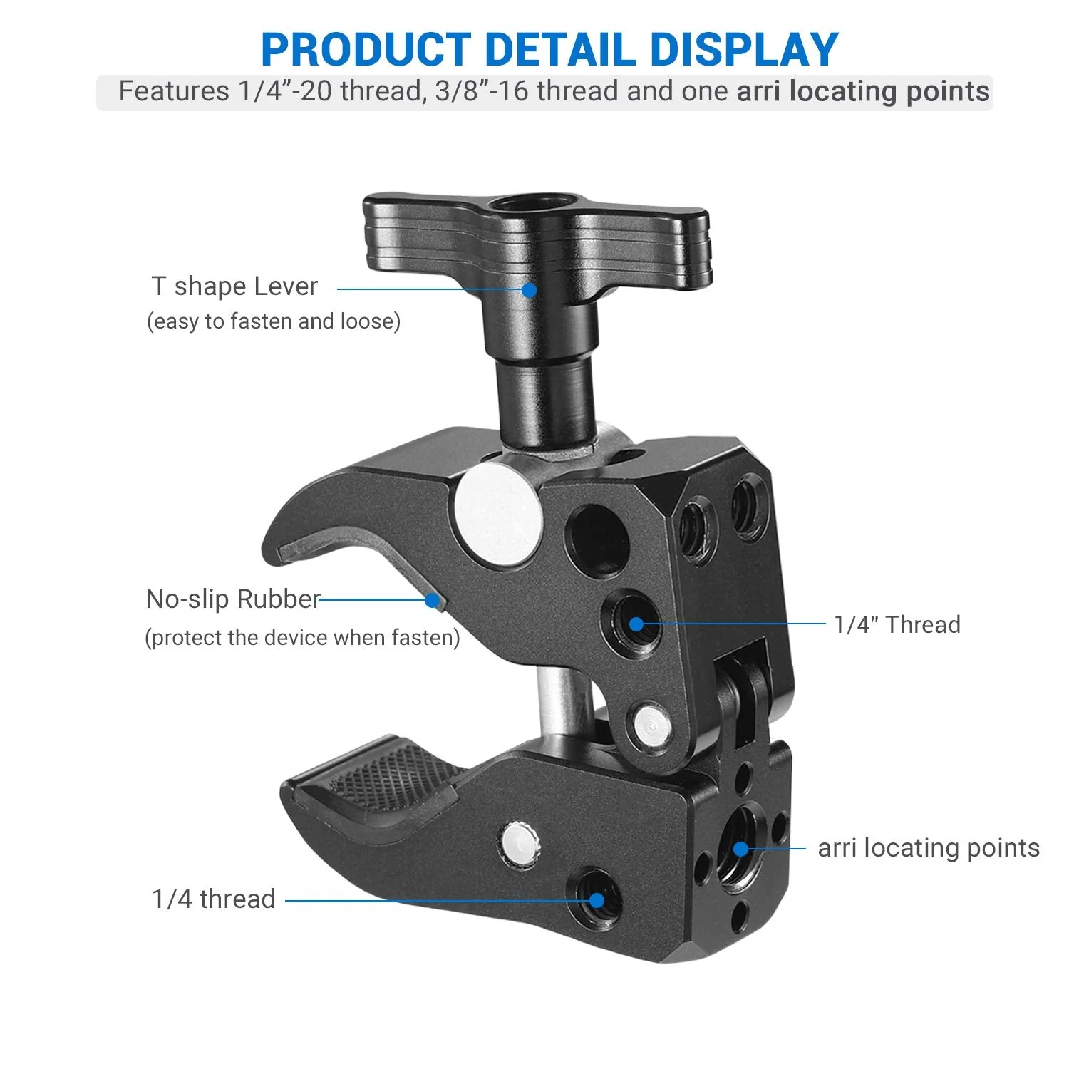 SMALLRIG Super Clamp with 1/4"-20 Thread Holes, 3/8"-16 Locating Pin for ARRI Standard, T-Shaped Wingnut and Rubber Pads - Image 2
