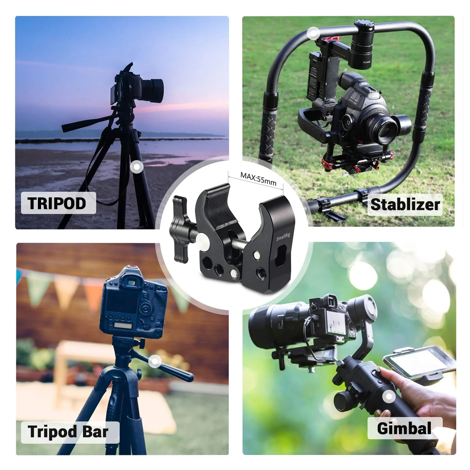 SMALLRIG Super Clamp with 1/4"-20 Thread Holes, 3/8"-16 Locating Pin for ARRI Standard, T-Shaped Wingnut and Rubber Pads - Image 6