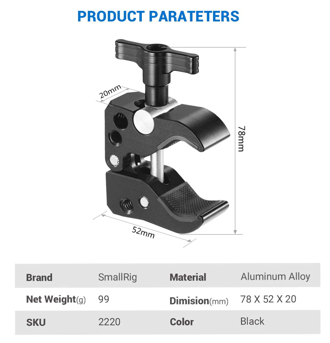 SMALLRIG Super Clamp with 1/4"-20 Thread Holes, 3/8"-16 Locating Pin for ARRI Standard, T-Shaped Wingnut and Rubber Pads - Image 7