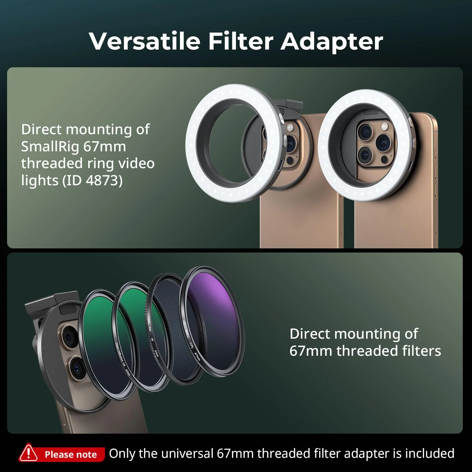 SmallRig Universal 67mm Threaded Filter Adapter for Phone Photography, Compatible with 67mm Threaded Filters & LED Lights, Built-in Cold Shoe Mount -5174 - Image 4