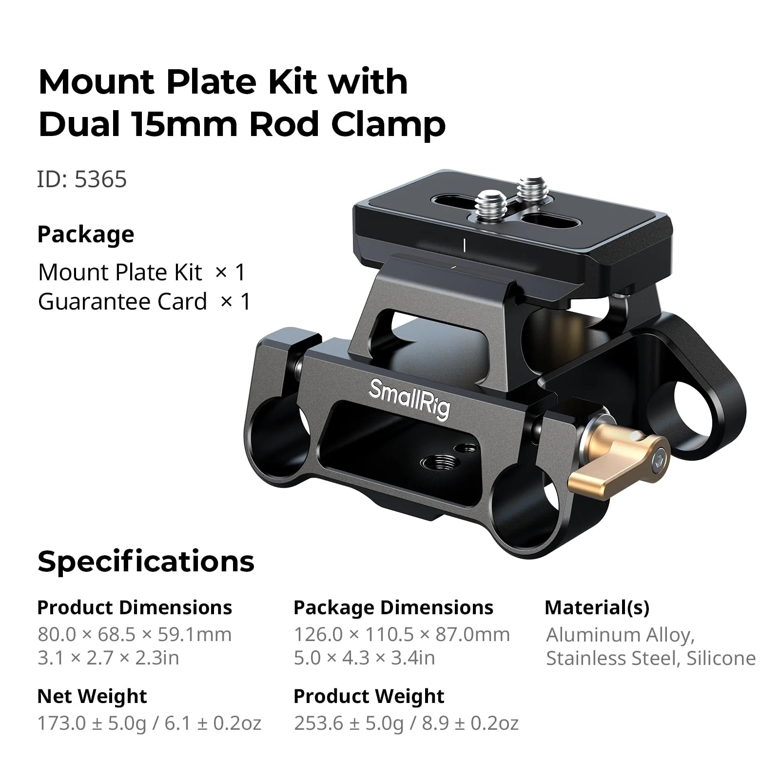 SMALLRIG Universal Mount Plate Kit with Dual 15mm Rod Clamp for Cameras, Built-in Quick-Release Plate for Arca-Swiss, with 1/4"-20 and 3/8"-16 Threaded Holes - 5365 - Image 6