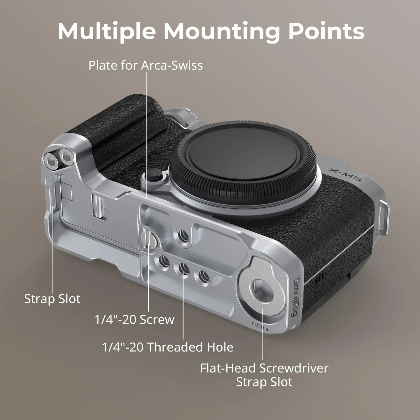 SMALLRIG X-M5 Handgrip L-Shape Grip for FUJIFILM X-M5, Built-in Quick Release Plate for Arca, Lightweight Silicone Side Handle, Includes Windshield with Cold Shoe Adapter (Sliver) - 4875 Siliver - Image 3