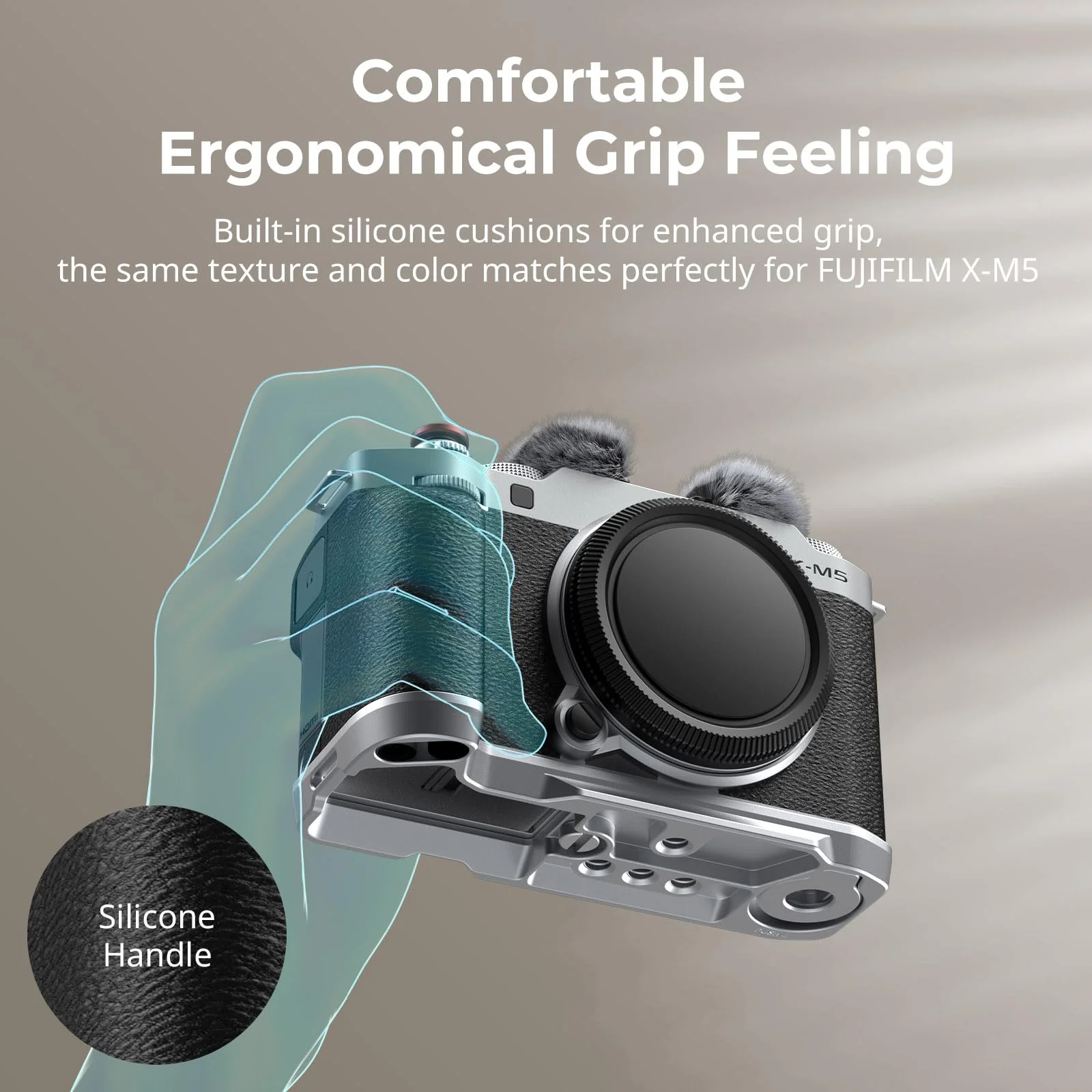 SMALLRIG X-M5 Handgrip L-Shape Grip for FUJIFILM X-M5, Built-in Quick Release Plate for Arca, Lightweight Silicone Side Handle, Includes Windshield with Cold Shoe Adapter (Sliver) - 4875 Siliver - Image 4