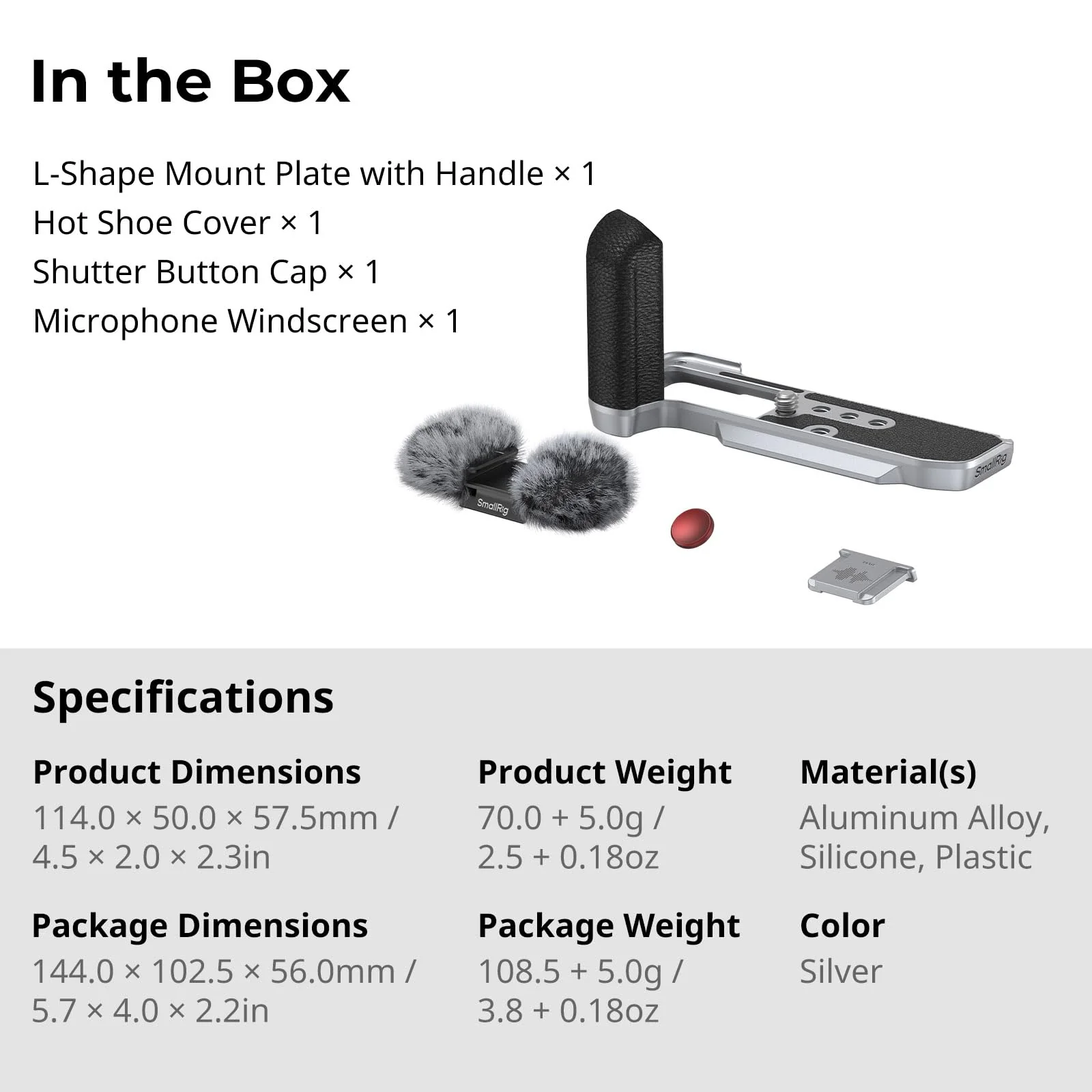 SMALLRIG X-M5 Handgrip L-Shape Grip for FUJIFILM X-M5, Built-in Quick Release Plate for Arca, Lightweight Silicone Side Handle, Includes Windshield with Cold Shoe Adapter (Sliver) - 4875 Siliver - Image 7