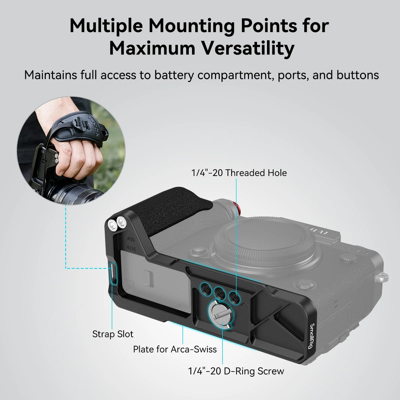 SmallRig X-T5 L-Shape Grip for FUJIFILM X-T5 Camera, Built-in Quick Release Plate for Arca, 1/4"-20 Holes, Ergonomic Silicone Handgrip, Shutter Button (Black) - 4260 Black - Image 7