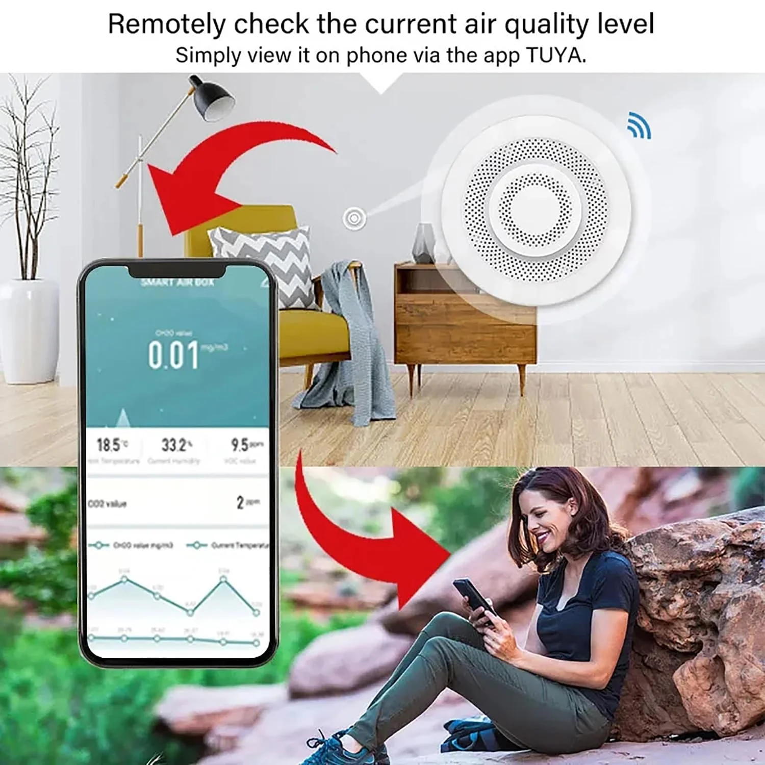 Smart Air Quality Monitor:Tuya WiFi Indoor Air Quality Meter Detects CH2O, CO2, VOC Concentration, Temperature and Humidity, Thermometer Humidity Monitor - Image 6