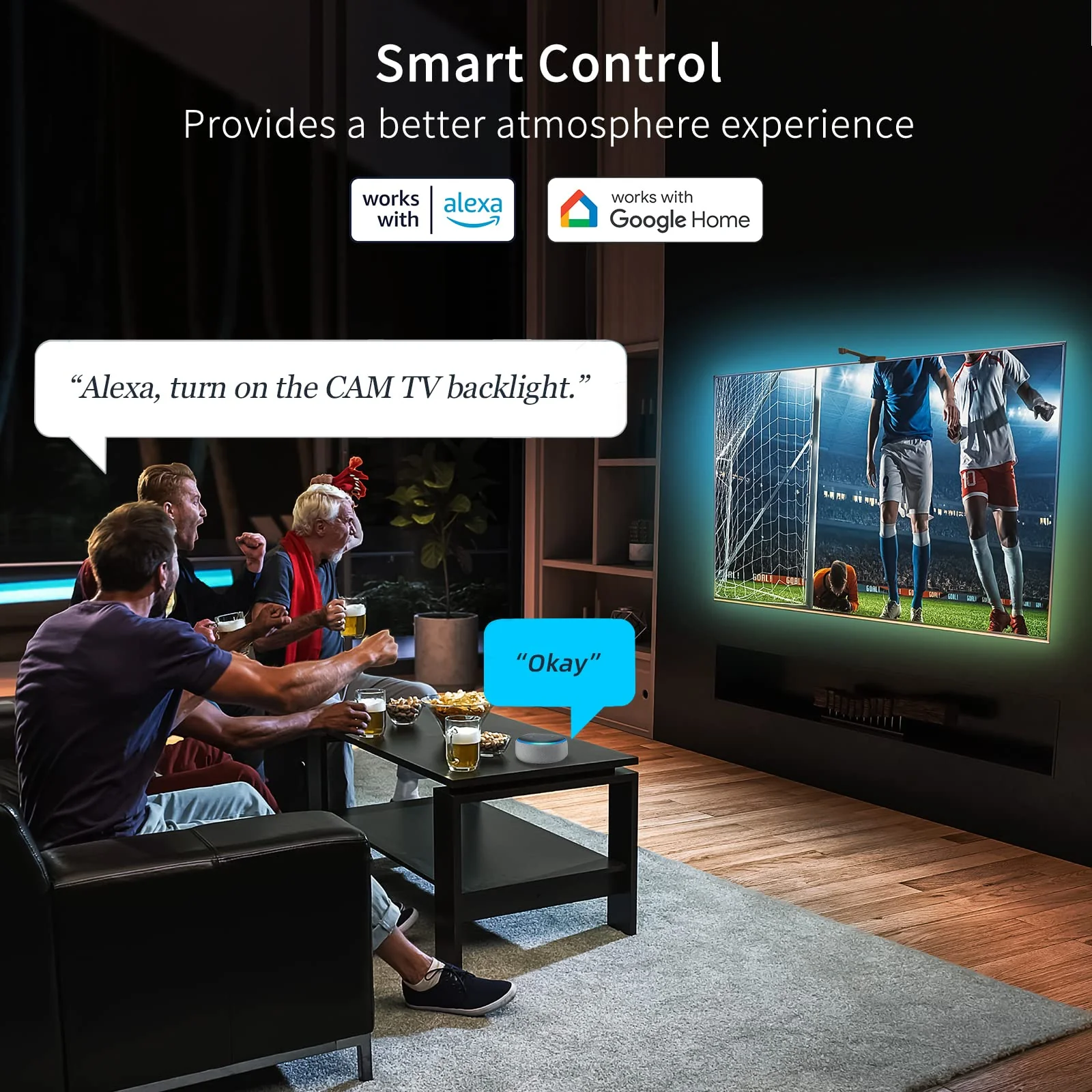 Smart LED Backlight with Camera for 55-65 inch Screens, 12.5ft LED Strip Lights Sync to Screen & Music, Color Changing Lights Work with Alexa & Google Assistant, App Control for 55-65 inch TVs - Image 6