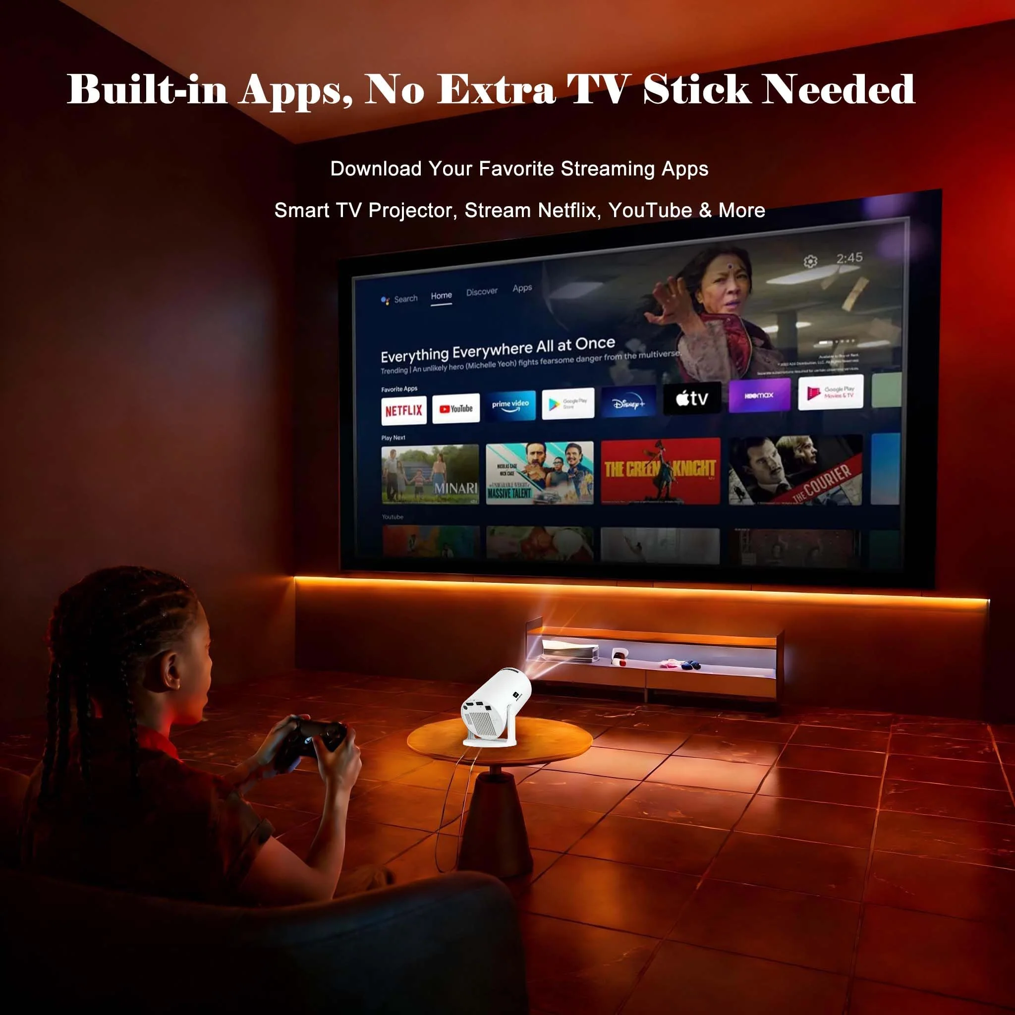 Smart Short Throw Projector with WiFi and Bluetooth, 210° Rotatable Mini Projector with Android System, Built-in Apps, Auto Keystone, Portable Ceiling Movie Projector for Bedroom & Outdoor Use Basic Edition - Image 4