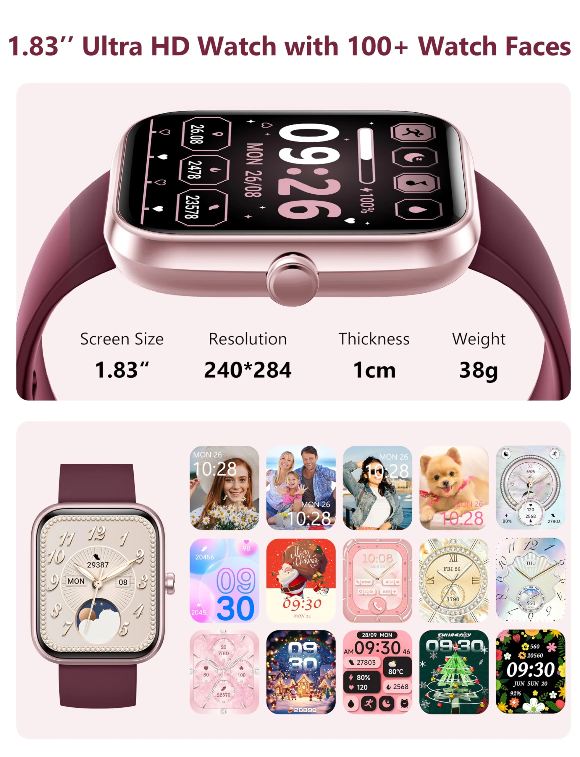 Smart Watch, 1.83'' Smartwatch Women Men Answer Make Calls, Alexa Fitness Watch, IP68 Waterproof Fitness Tracker Watch, Heart Rate Monitor, 100+ Sports Pedometer Watch, Timer for android & iOS Phone PURPLE - Image 6