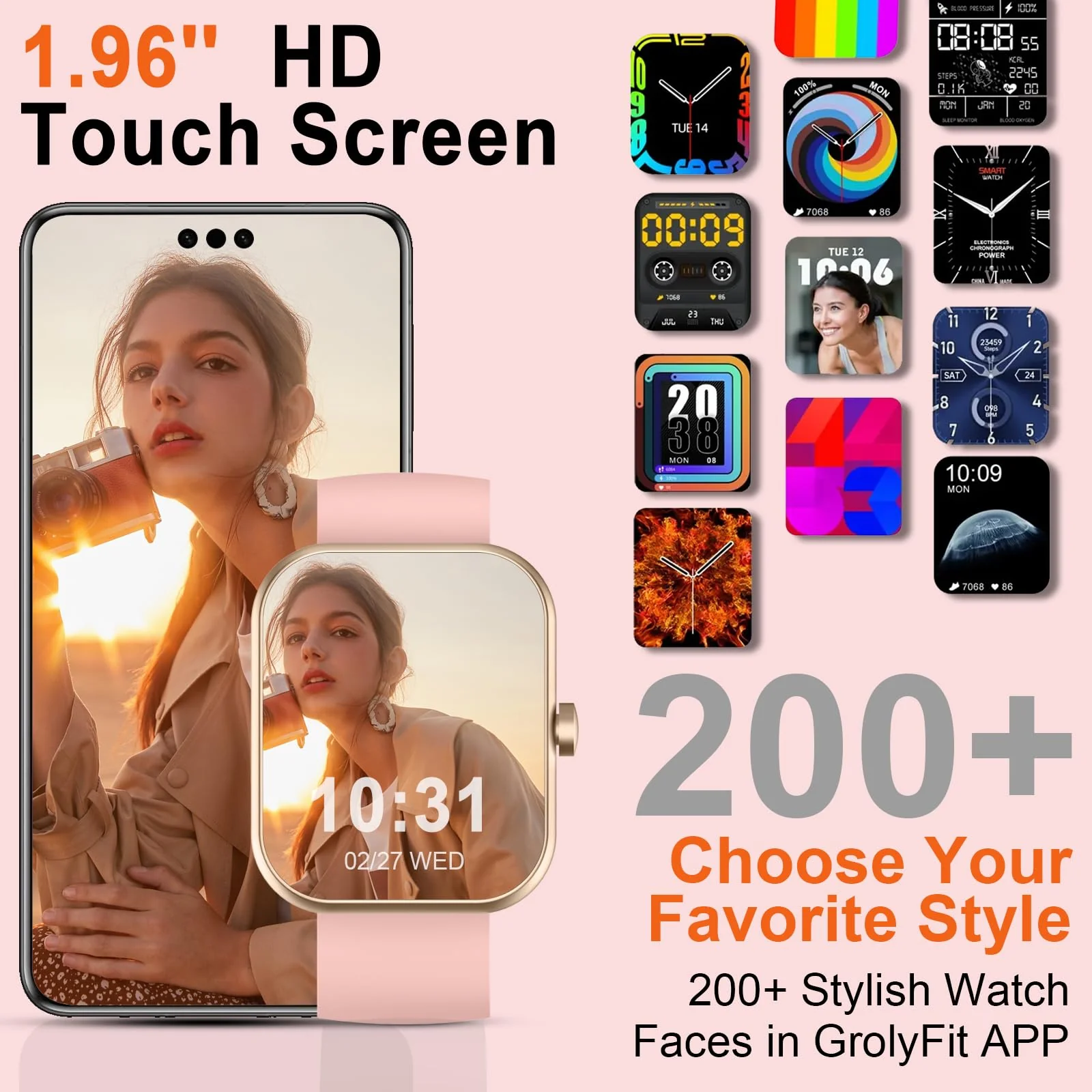 Smart Watch, 1.96" Smartwatch for Women Men (Answer/Make Call), Fitness Tracker with 110+ Sport Modes, IP68 Waterproof, Heart Rate/Sleep/Spo2 Monitor, Pedometer, Activity Tracker for Android iOS Rose - Image 3