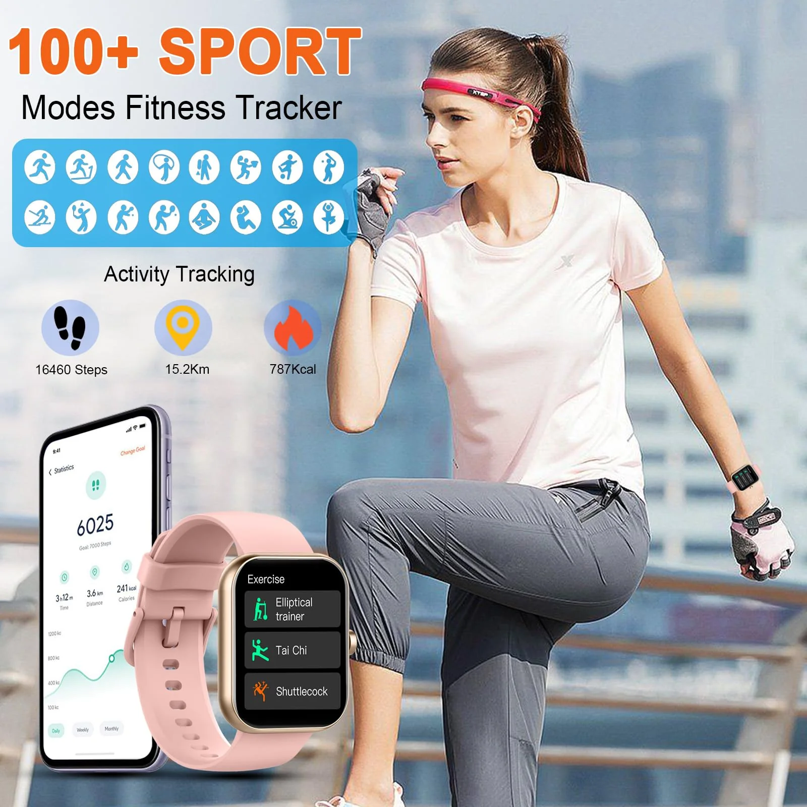 Smart Watch, 1.96" Smartwatch for Women Men (Answer/Make Call), Fitness Tracker with 110+ Sport Modes, IP68 Waterproof, Heart Rate/Sleep/Spo2 Monitor, Pedometer, Activity Tracker for Android iOS Rose - Image 4