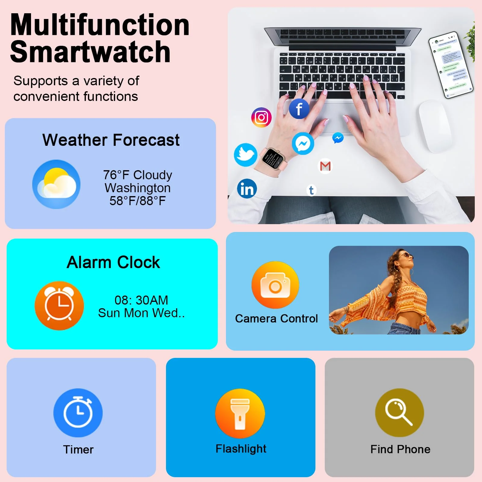 Smart Watch, 1.96" Smartwatch for Women Men (Answer/Make Call), Fitness Tracker with 110+ Sport Modes, IP68 Waterproof, Heart Rate/Sleep/Spo2 Monitor, Pedometer, Activity Tracker for Android iOS Rose - Image 6