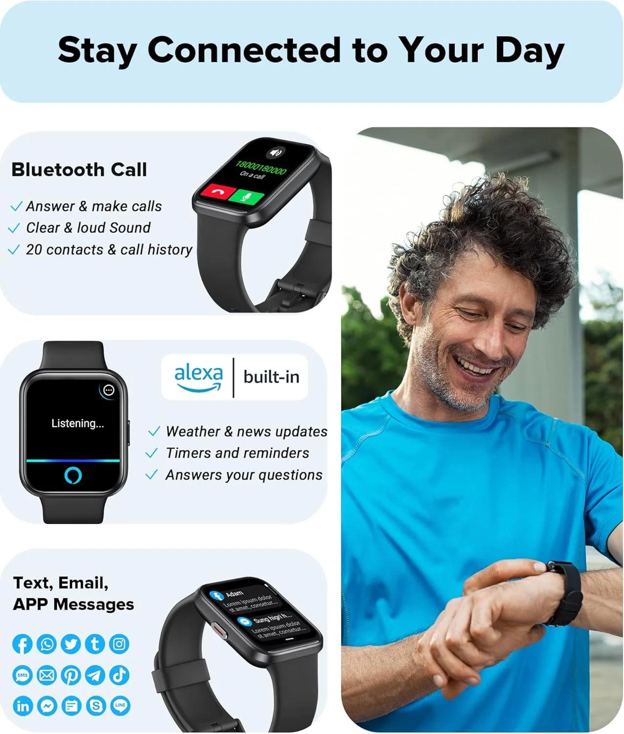 Smart Watch for Men Women Android iPhone, Alexa Built-in Fitness Watch with 1.8" LCD Screen & Bluetooth Call (Make/Answer), Heart Rate/SpO2/Sleep Monitor, 100 Sports, IP68 Waterproof Smartwatch Deep Black - Image 3
