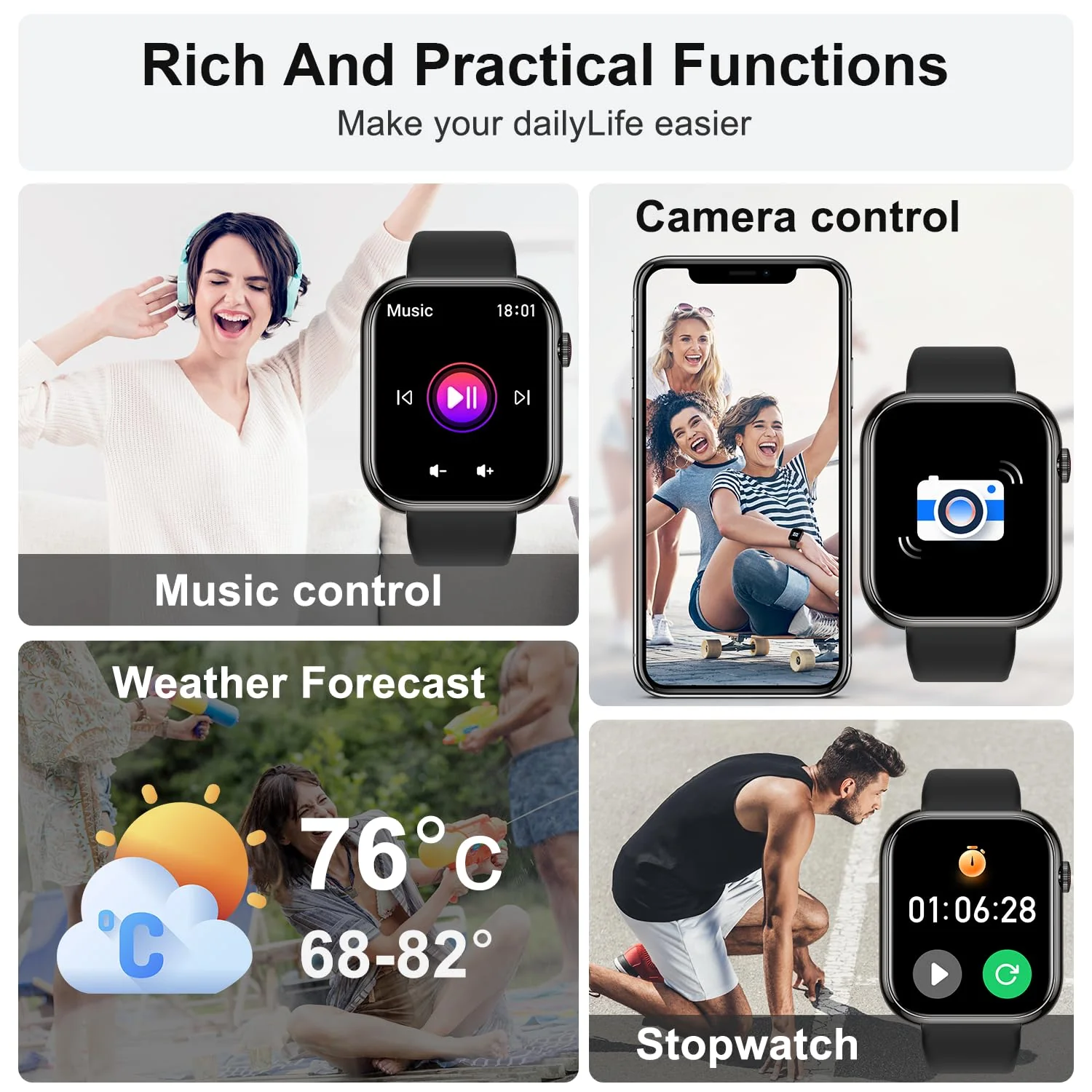 Smart Watch for Men Women Fitness: Waterproof Make/Answer Call Smart Watches for Men Digital Mens Watches Running Step Tracker Smartwatch Android Phones iPhone Samsung Compatible Heart Rate Monitor Black - Image 5