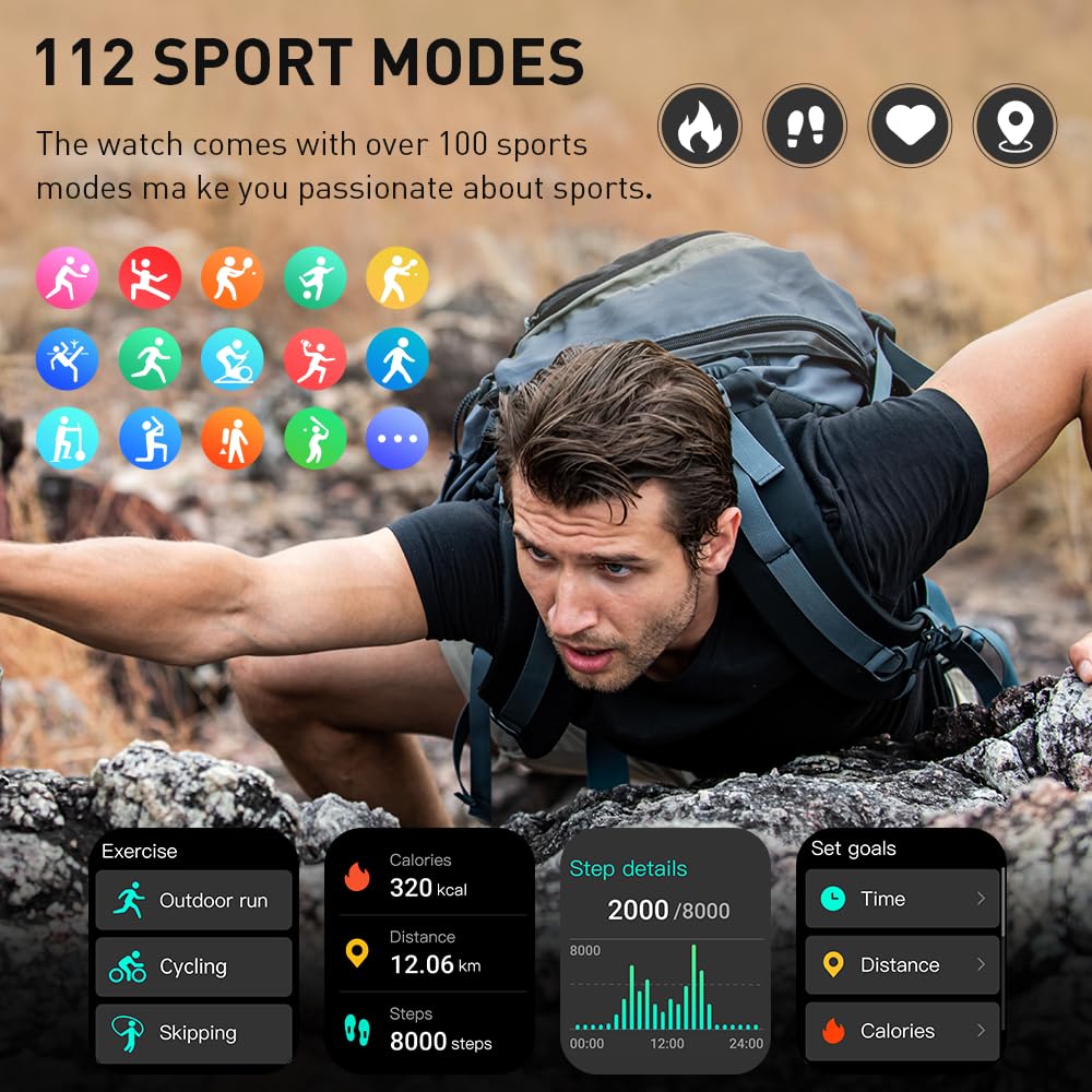 Smart Watch(Answer/Make Call), 1.96" HD Smartwatch for Men Women, 2025 New Fitness Watch with 110+ Sport Modes, Heart Rate, Sleep Monitor, Pedometer, IP68 Waterproof Activity Tracker for Android iOS Black - Image 6