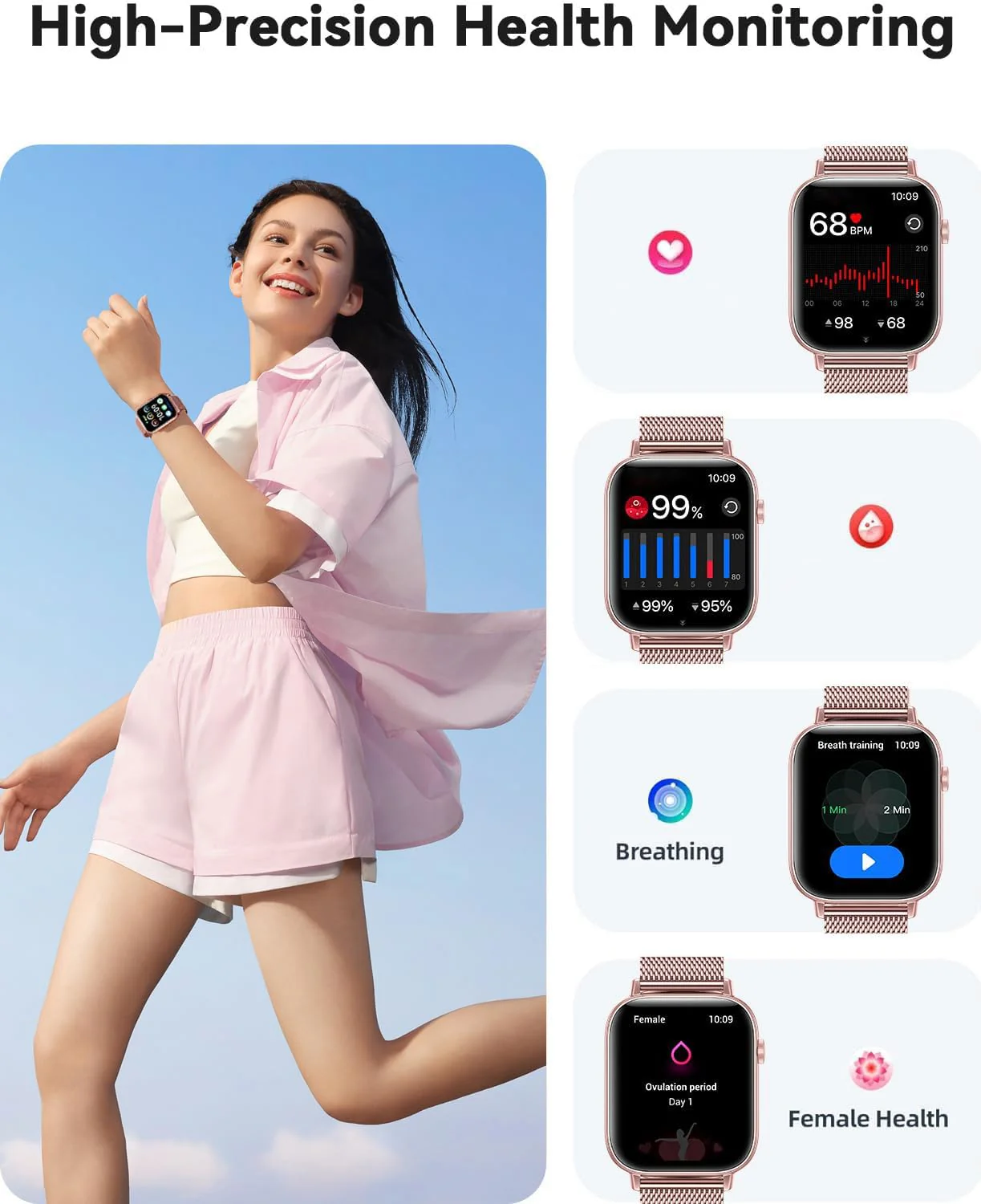 Smart Watches for Women,Fitness Tracker Smartwatch for Android Phones/iPhone Compatible,1.85" Womens Watch with Blood Pressure Monitor,Calls and Messages/Heart Rate/Sleep/Female Cycle Pink - Image 4