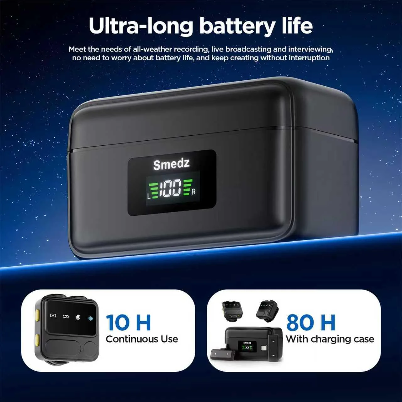 Smedz Wireless Microphone for iPhone Android,Mini Lavalier Microphone with AI Noise Reduction, 164FT Range&80H Charging Case Magnetic Mini Mic for for YouTube TikTok Vlog Podcast Live Streaming Shining Black - Image 6