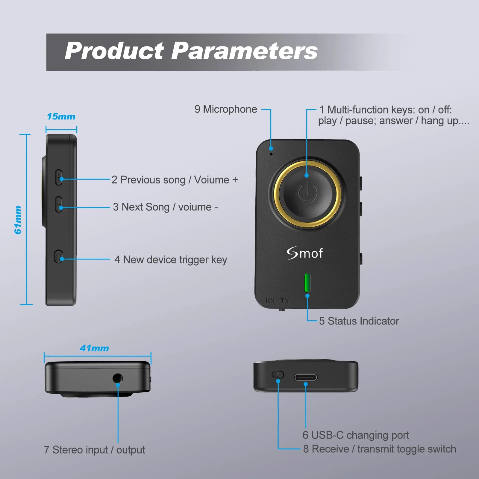 Smof Bluetooth Transmitter for TV, Bluetooth Receiver for Car Speaker, 2-in-1 Wireless 3.5mm Bluetooth Aux Adapter with Built-in Mic and Battery, Dual Link, aptX Low Latency (Black) - Image 8