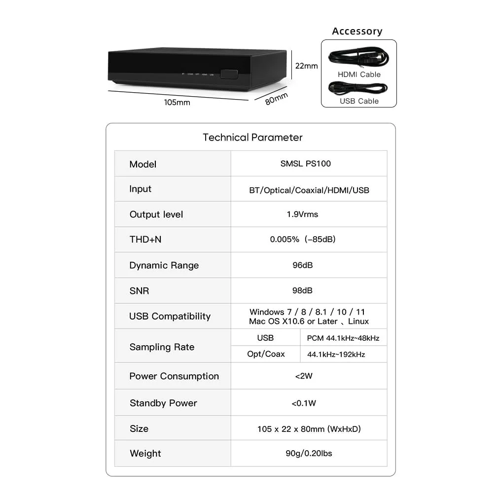 SMSL PS100 Digital to Analog Audio Converter, USB/Optical/Coaxial/HDMI ARC to Stereo L/R RCA Output DDC Digital Toslink SPDIF 192kHz DAC Converter for PS5/HDTV/DVD/Blu-Ray Players/Home Cinema Systems - Image 7