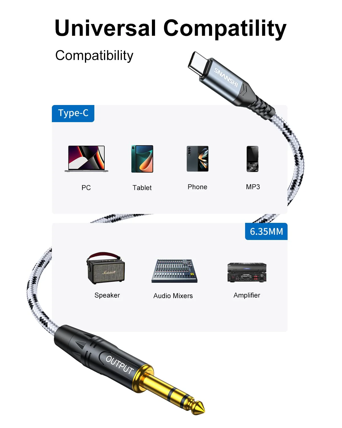 SNANSHI USB C to 1/4 Inch Audio Cable 3.3ft - Type-C to 6.35mm TRS Stereo Audio Cable for Sound Board,AMP,Mixer,Speaker (𝐍𝐨𝐭𝐞:𝐂𝐚𝐧𝐧𝐨𝐭 𝐛𝐞 𝐮𝐬𝐞𝐝 𝐟𝐨𝐫 𝐆𝐮𝐢𝐭𝐚𝐫 𝐑𝐞𝐜𝐨𝐫𝐝𝐢𝐧𝐠) - Image 7