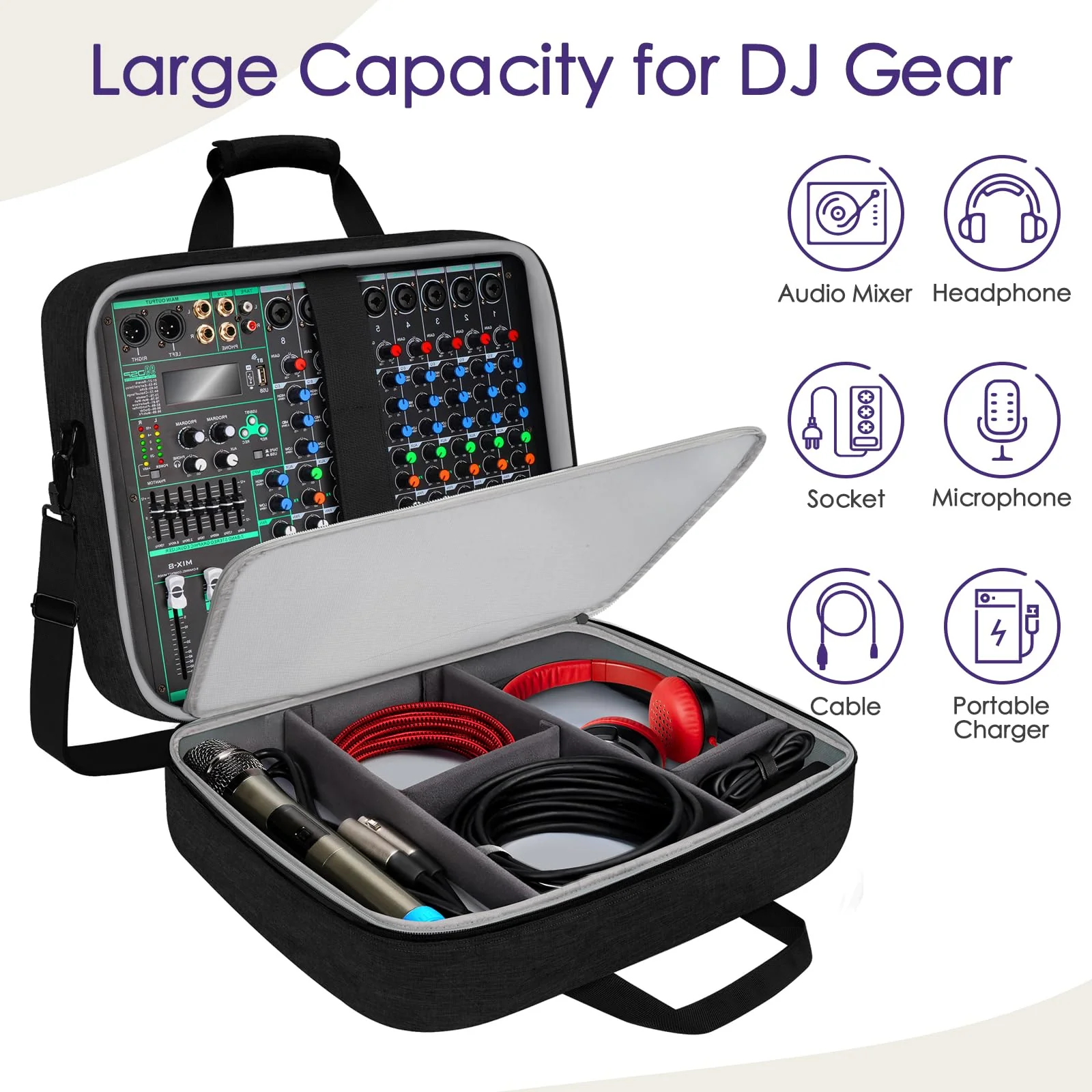 SNIGJAT Audio Mixer Case (Size:15.5"x 13" x 6"), Protective DJ Mixer Bag with 10mm Padding, Large-Capacity Recording Equipment Bag Soft with Adjustable Storage for Cables, Podcast Gear and Mics, Black - Image 5