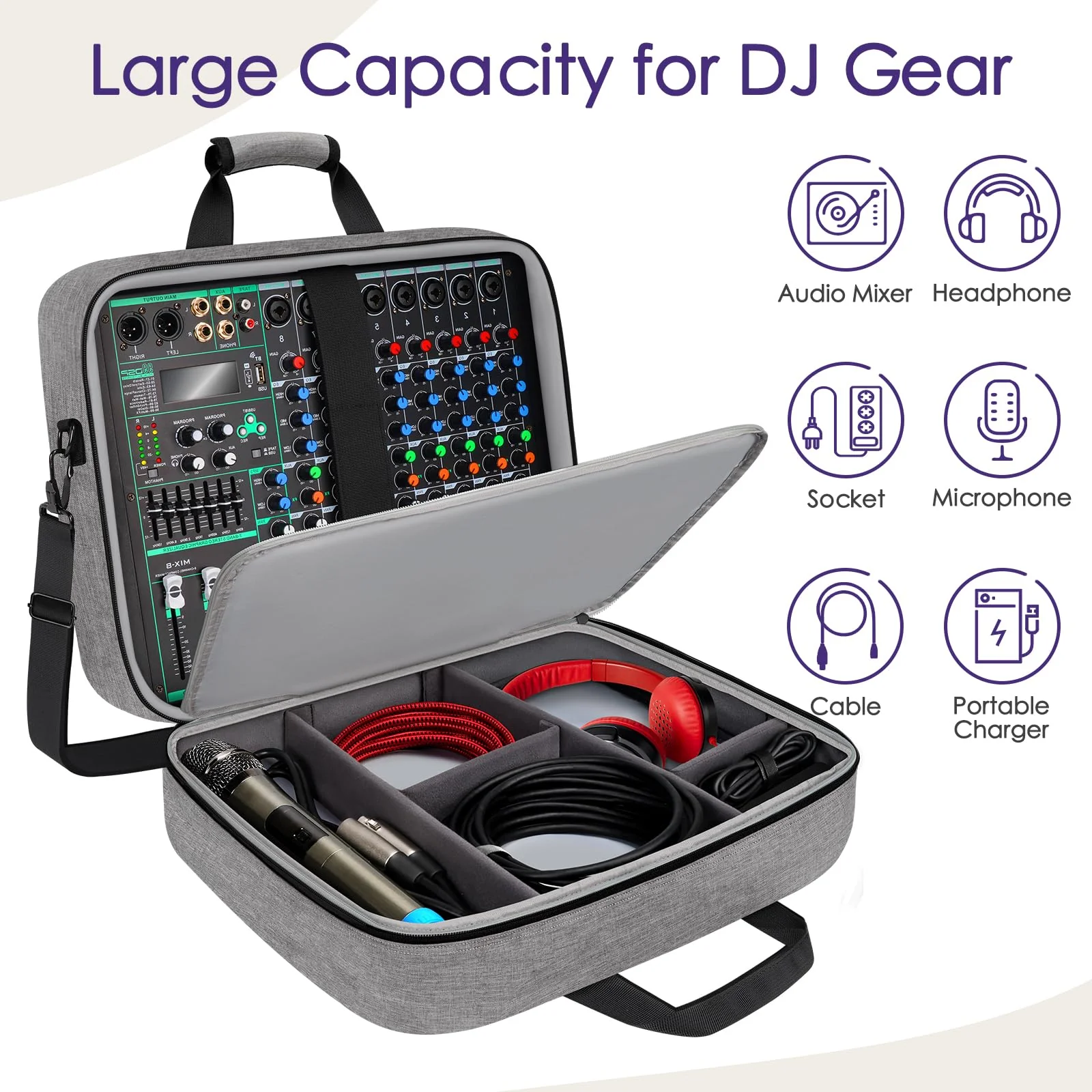 SNIGJAT Audio Mixer Case (Size:15.5"x 13" x 6"), Protective DJ Mixer Bag with 10mm Padding, Large-Capacity Recording Equipment Bag Soft with Adjustable Storage for Cables, Podcast Gear and Mics, Gray Grey - Image 5