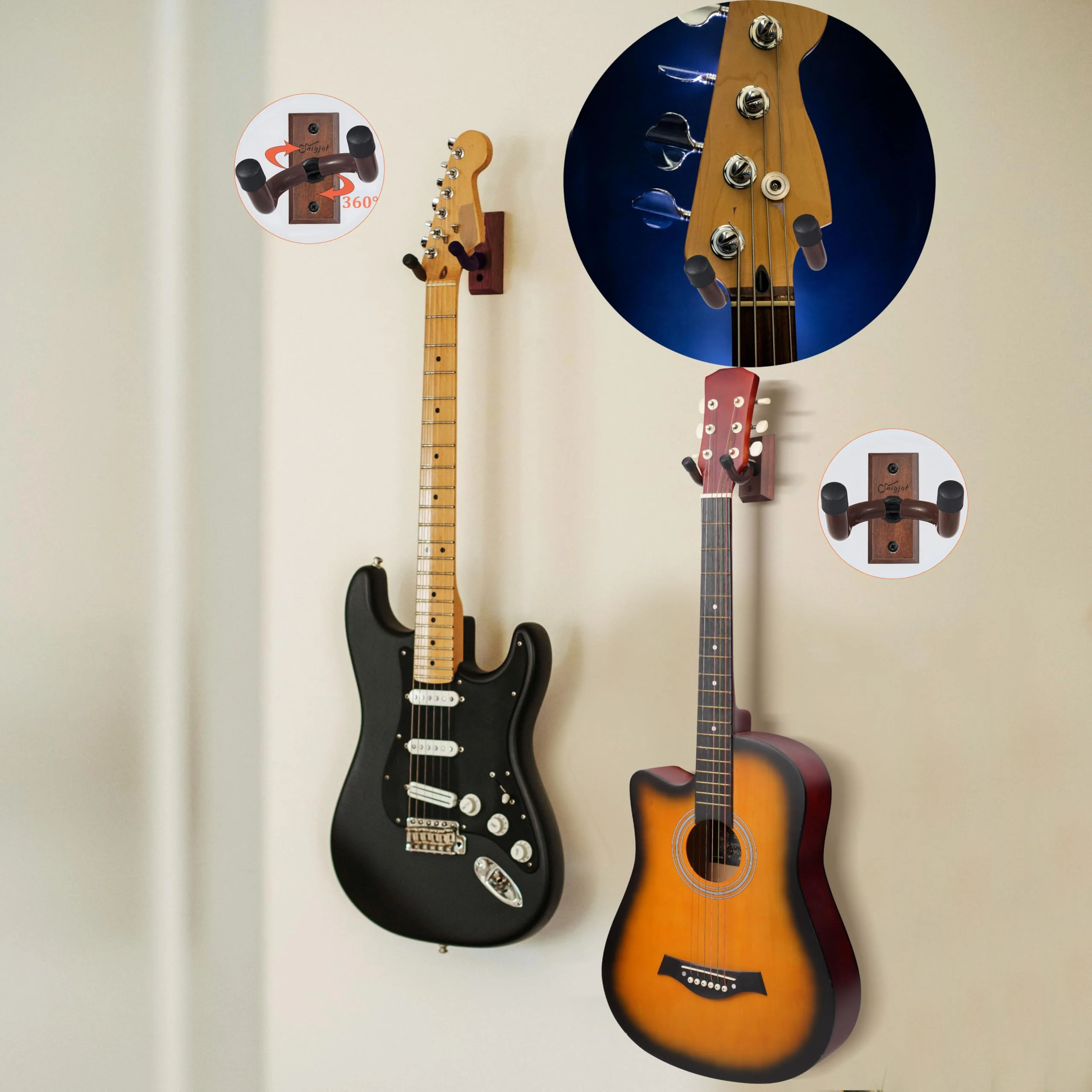 SNIGJAT Guitar Hanger 4 Pack, Hardwood Guitar Wall Mount, Rotatable Guitar Wall Hanger with Screws, V-Shaped Wall Hook Holder Stand for Acoustic Electric Guitar, Bass, Banjo, Mandolin Brown - Image 8