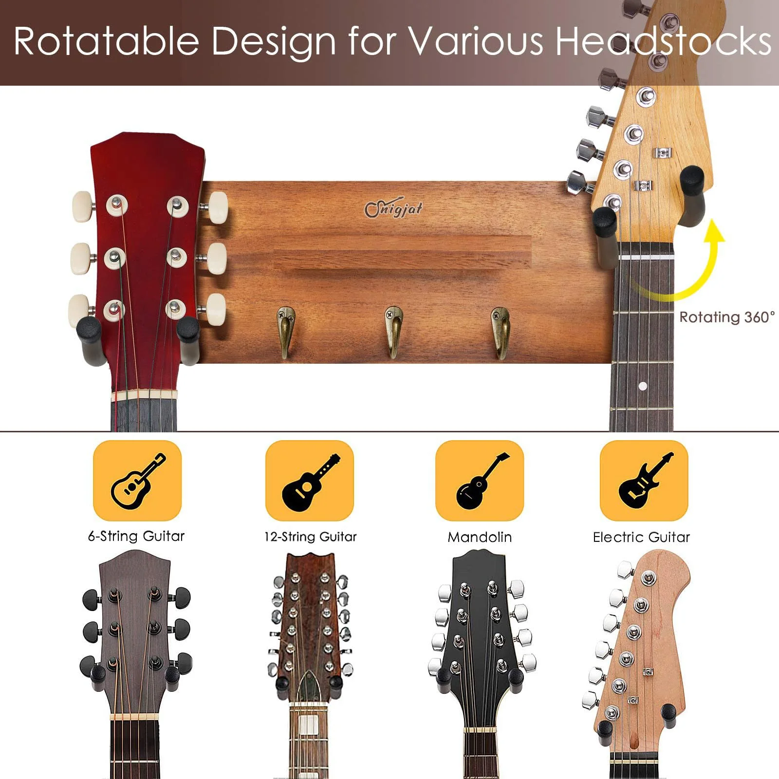 SNIGJAT Guitar Wall Mount with Rotatable Hook, Wood Guitar Hanger with Shelf and Pick Holder, Wall Stand Rack for Acoustic, Electric, Bass - Image 4