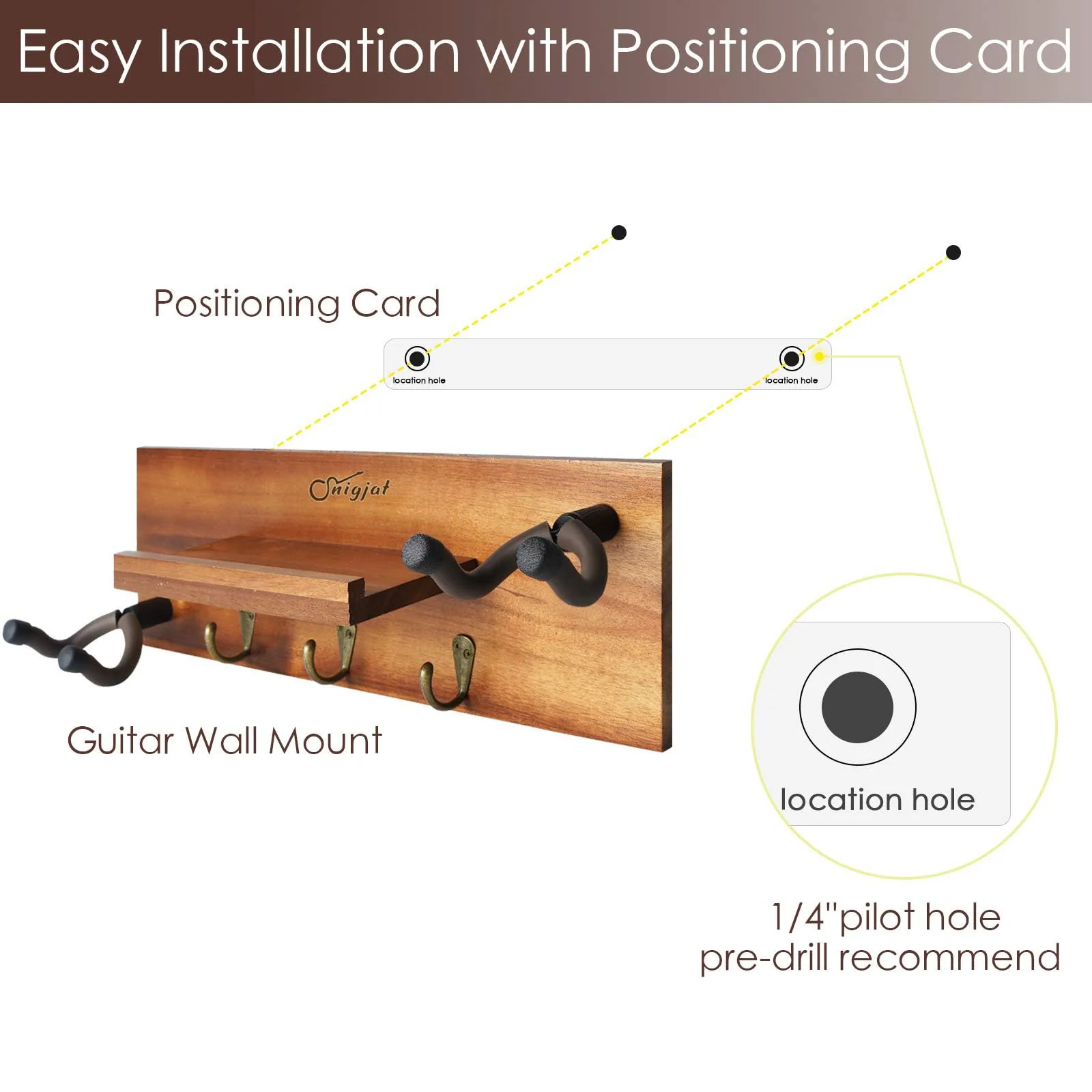 SNIGJAT Guitar Wall Mount with Rotatable Hook, Wood Guitar Hanger with Shelf and Pick Holder, Wall Stand Rack for Acoustic, Electric, Bass - Image 5