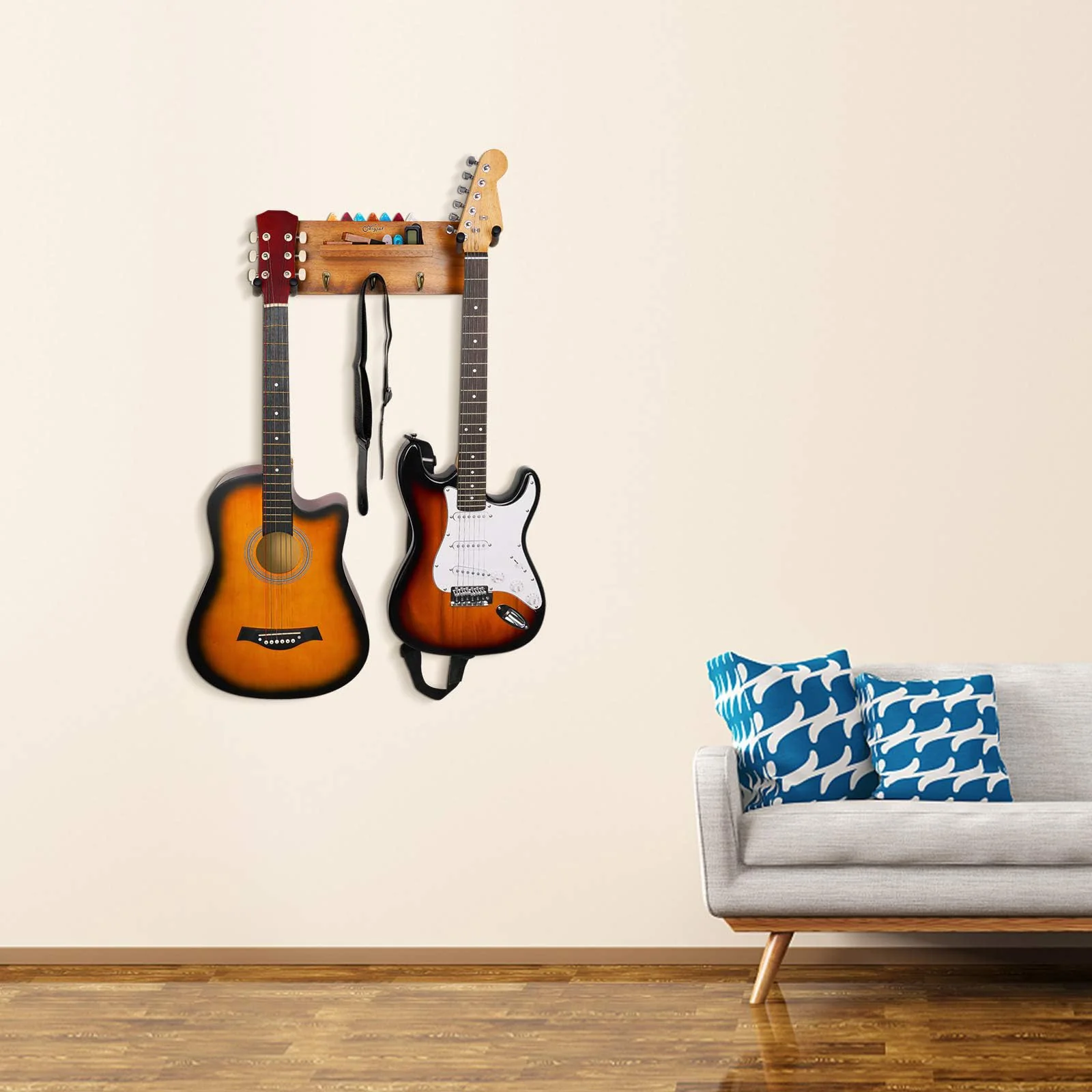 SNIGJAT Guitar Wall Mount with Rotatable Hook, Wood Guitar Hanger with Shelf and Pick Holder, Wall Stand Rack for Acoustic, Electric, Bass - Image 7