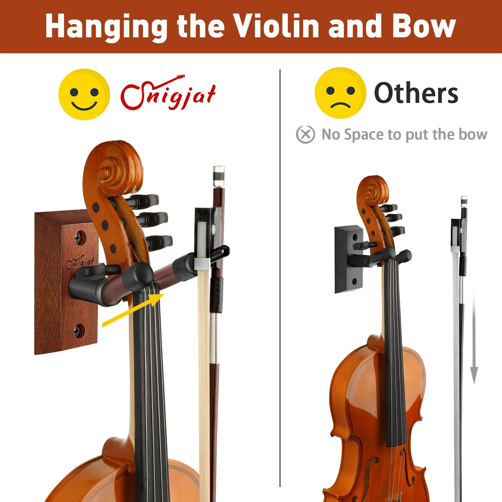 SNIGJAT Violin Wall Mount 2 Pack, Hardwood Violin Hanger Wall Mount with Bow Holder, Violin Wall Hook Vertical Display, Violin Wall Stand Fits 4/4, 3/4, 1/2, 1/4 Violin for Home & Studio - Image 3