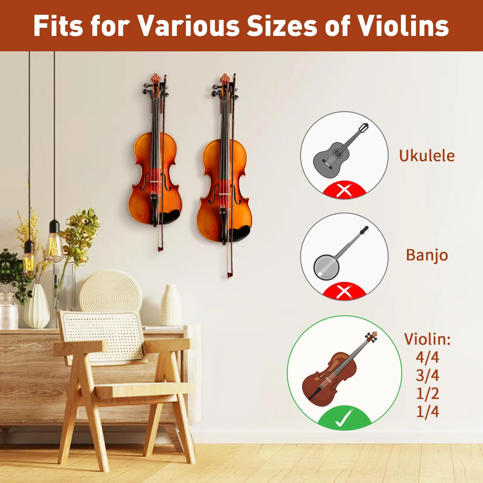 SNIGJAT Violin Wall Mount 2 Pack, Hardwood Violin Hanger Wall Mount with Bow Holder, Violin Wall Hook Vertical Display, Violin Wall Stand Fits 4/4, 3/4, 1/2, 1/4 Violin for Home & Studio - Image 5