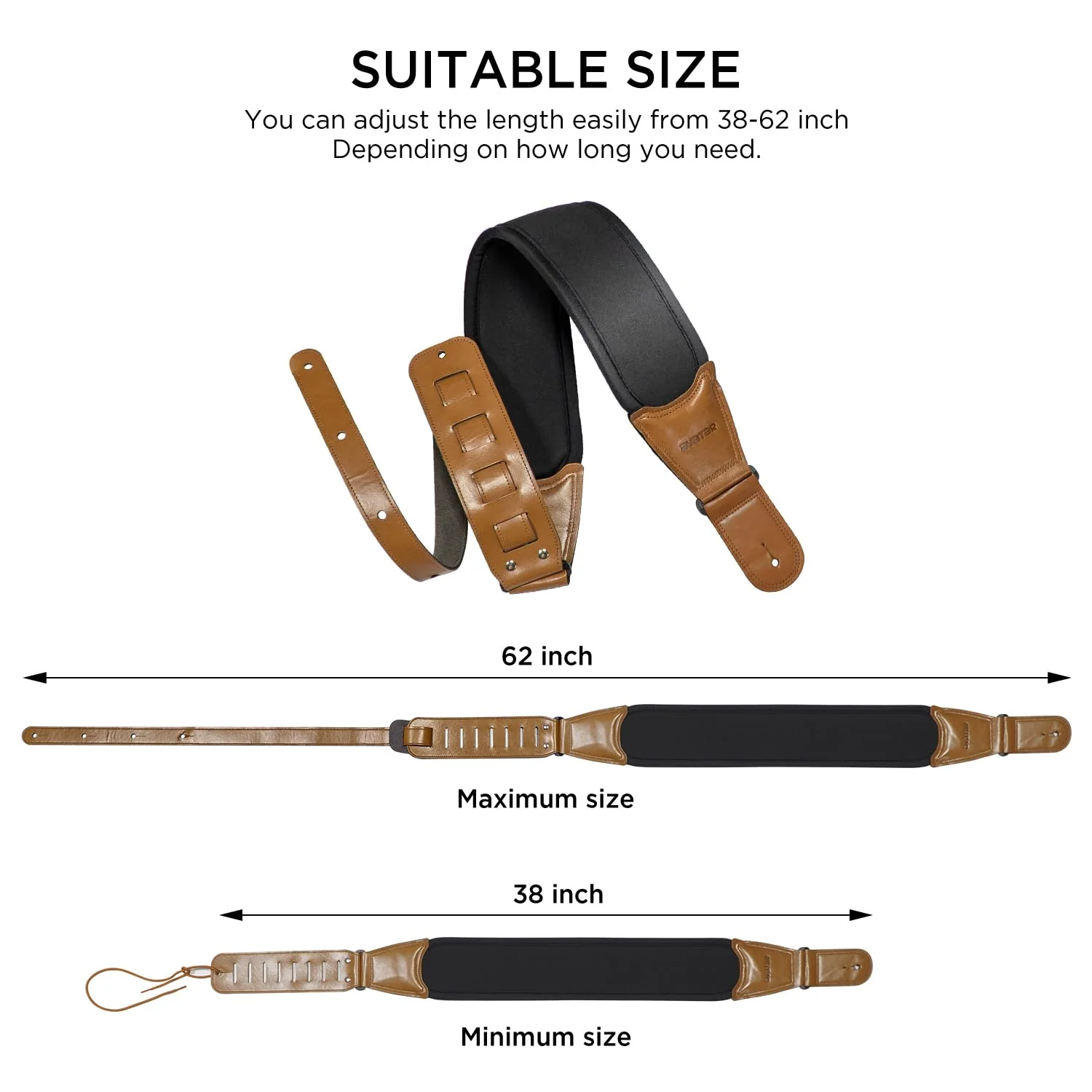 Soft Guitar Strap with 3.6" Wide Sponge Pad, Eliminates Neck Dive, Fit Heavy Acoustic, Electric Guitars Bass, Adjustable Length from 38" to 61" - Image 2