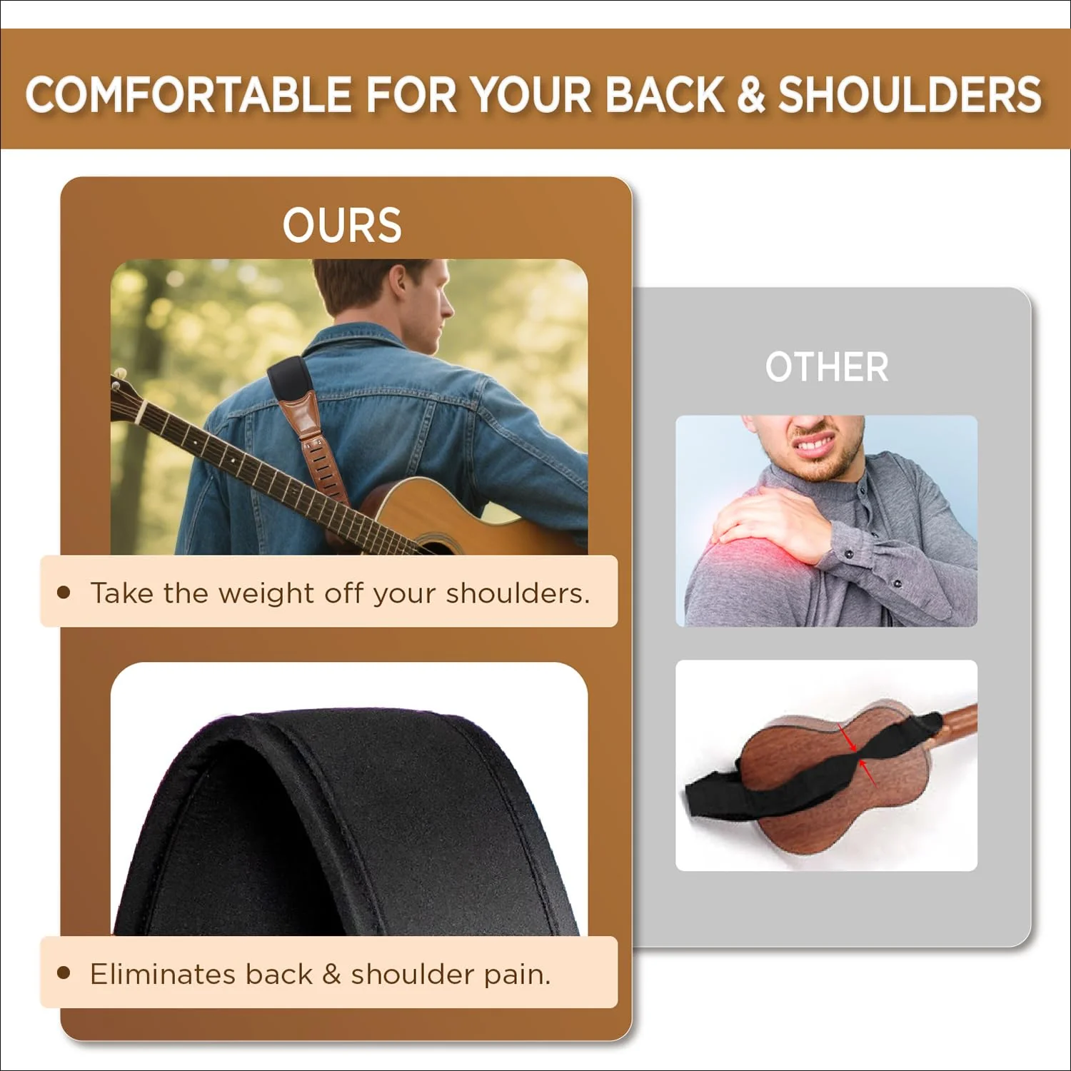Soft Guitar Strap with 3.6" Wide Sponge Pad, Eliminates Neck Dive, Fit Heavy Acoustic, Electric Guitars Bass, Adjustable Length from 38" to 61" - Image 4
