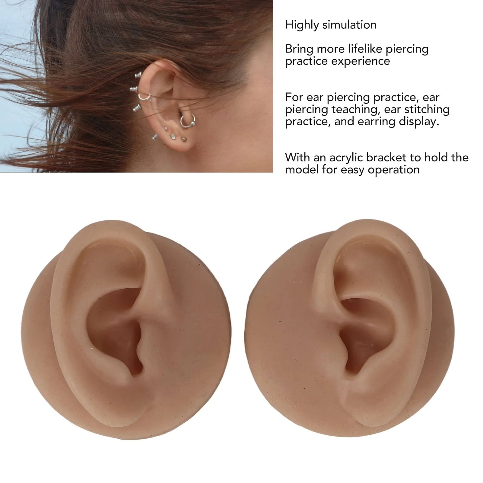 Soft Silicone Ear Model, Reusable Ear Display Mould, Professional Ear Piercing Tool, Safety Pierce for Piercing Practice Earring Display, Various Skin Colours (Dark Skin Colour) Dark skin colour - Image 2