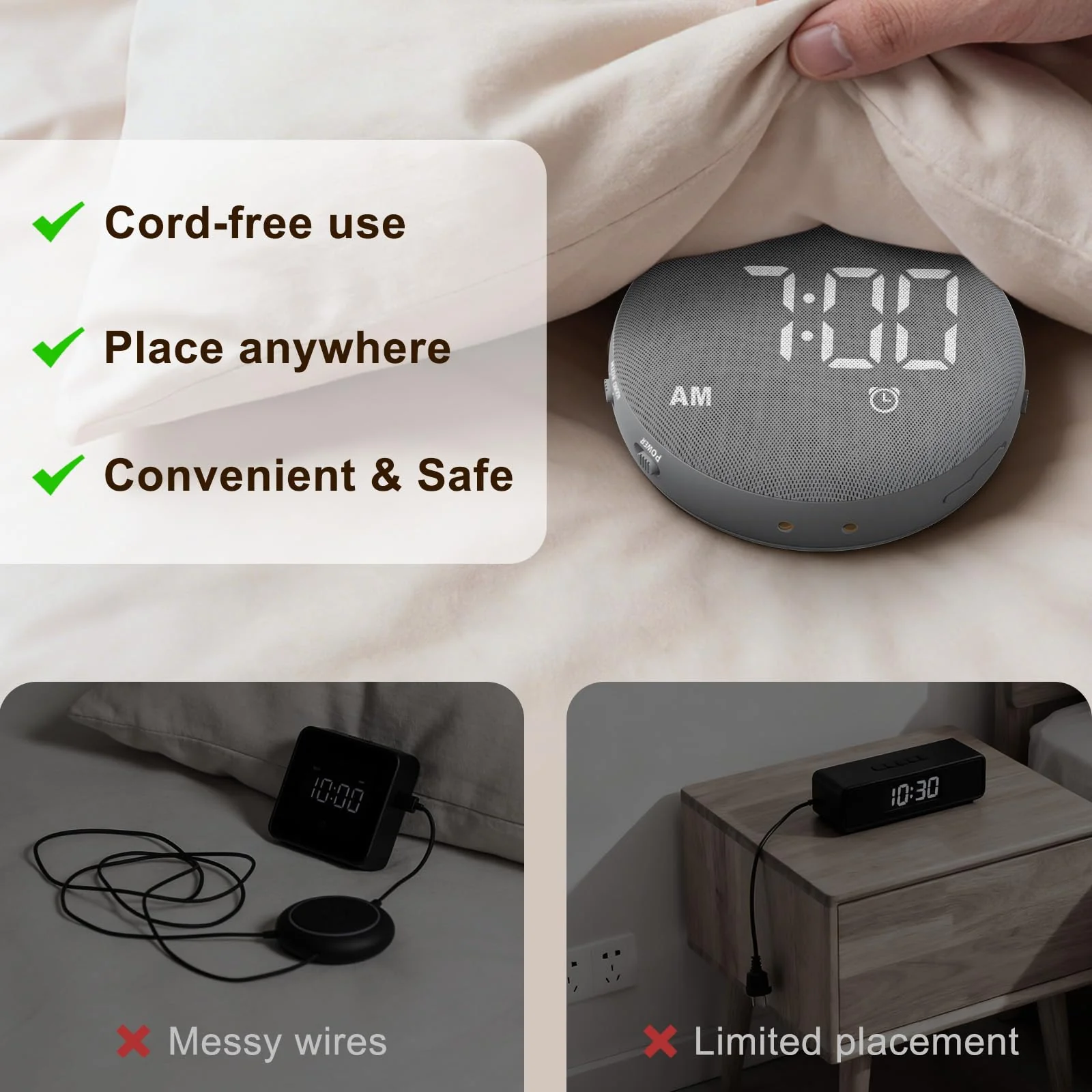 SolaceRise Super Loud Alarm Clock for Heavy Sleepers: Vibrating Digital Auto-Dim Clock with Bed Shaker for Hearing Impaired - Portable Rechargeable Battery for Bedroom Travel Dorm - Gray - Image 2