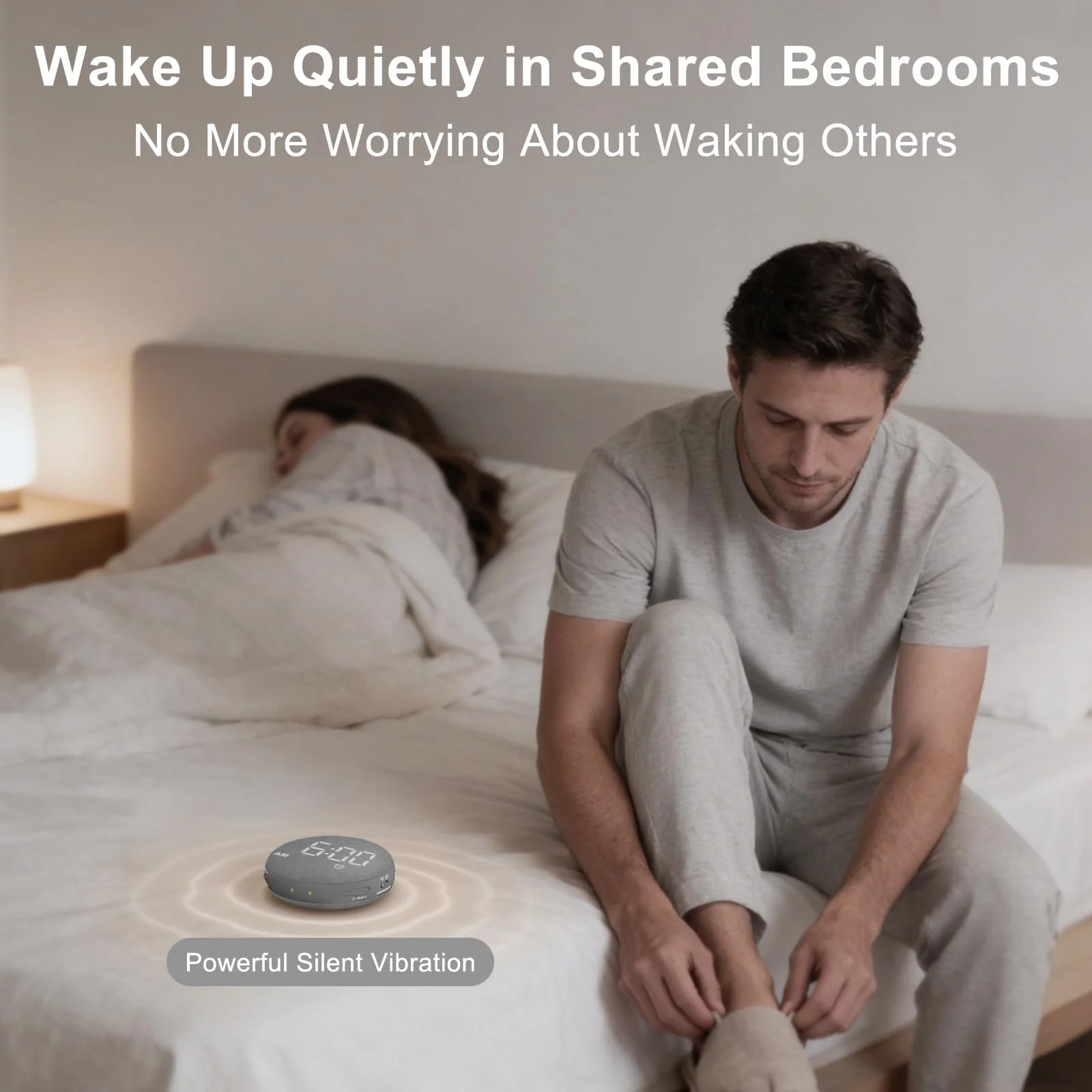 SolaceRise Super Loud Alarm Clock for Heavy Sleepers: Vibrating Digital Auto-Dim Clock with Bed Shaker for Hearing Impaired - Portable Rechargeable Battery for Bedroom Travel Dorm - Gray - Image 3