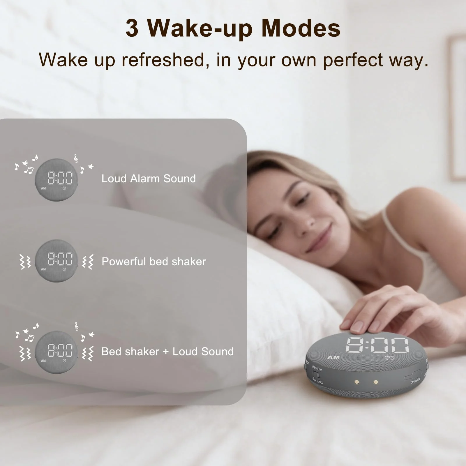 SolaceRise Super Loud Alarm Clock for Heavy Sleepers: Vibrating Digital Auto-Dim Clock with Bed Shaker for Hearing Impaired - Portable Rechargeable Battery for Bedroom Travel Dorm - Gray - Image 4
