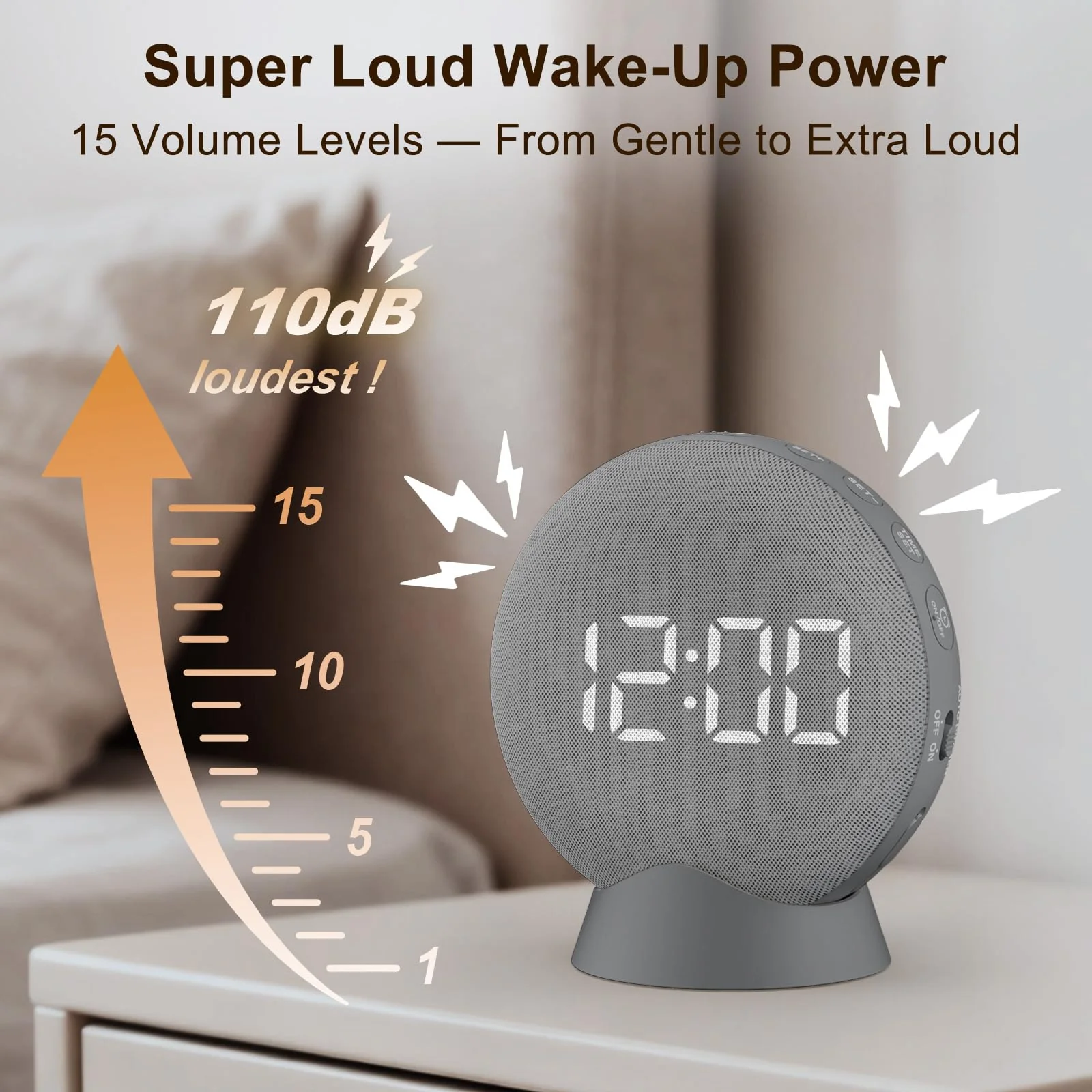 SolaceRise Super Loud Alarm Clock for Heavy Sleepers: Vibrating Digital Auto-Dim Clock with Bed Shaker for Hearing Impaired - Portable Rechargeable Battery for Bedroom Travel Dorm - Gray - Image 6