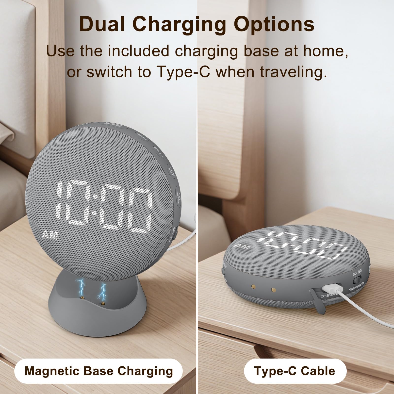 SolaceRise Super Loud Alarm Clock for Heavy Sleepers: Vibrating Digital Auto-Dim Clock with Bed Shaker for Hearing Impaired - Portable Rechargeable Battery for Bedroom Travel Dorm - Gray - Image 9
