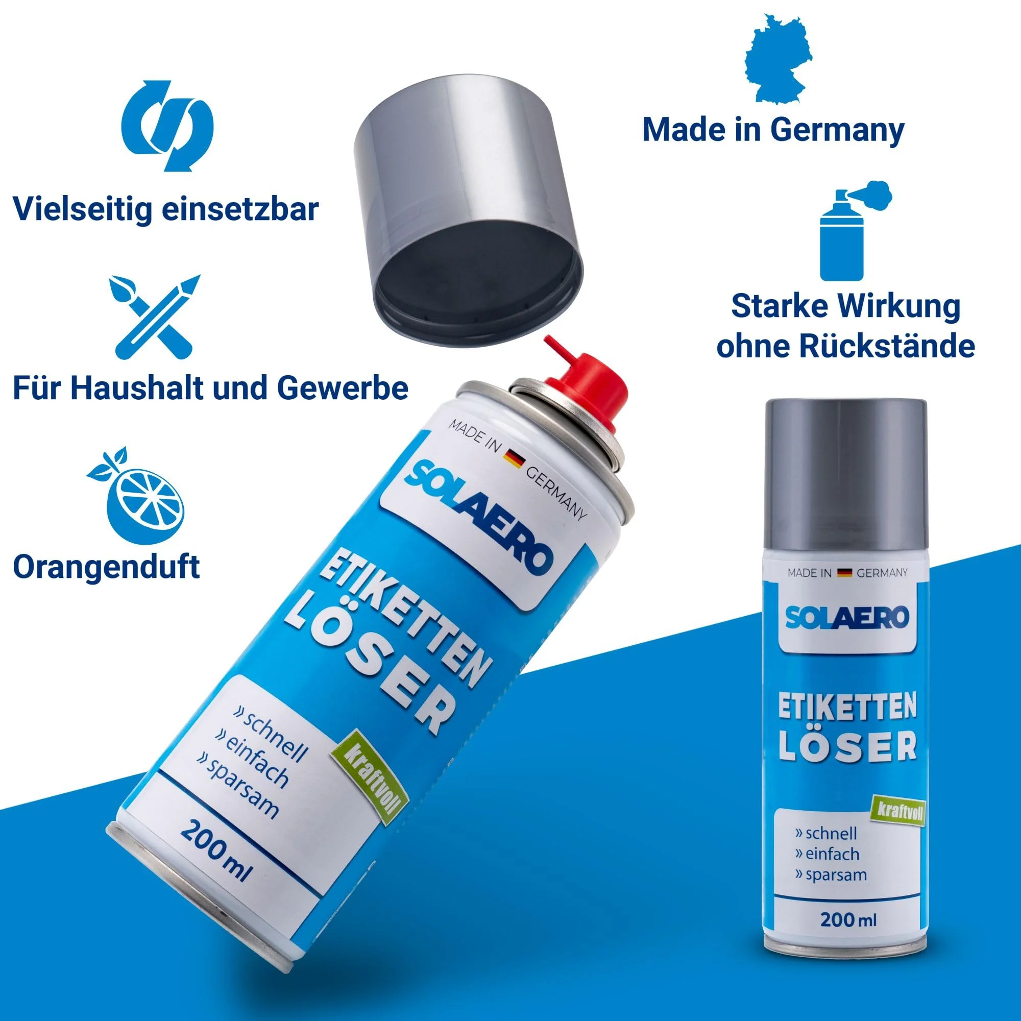 SOLAERO Label Remover (200 ml) - Extra Strong Adhesive Remover - Removes Label Remnants & Adhesive Residues from Wood, Glass & Plastic - Orange Fragrance - for Car, Vignettes, etc. - Made in Germany - Image 2