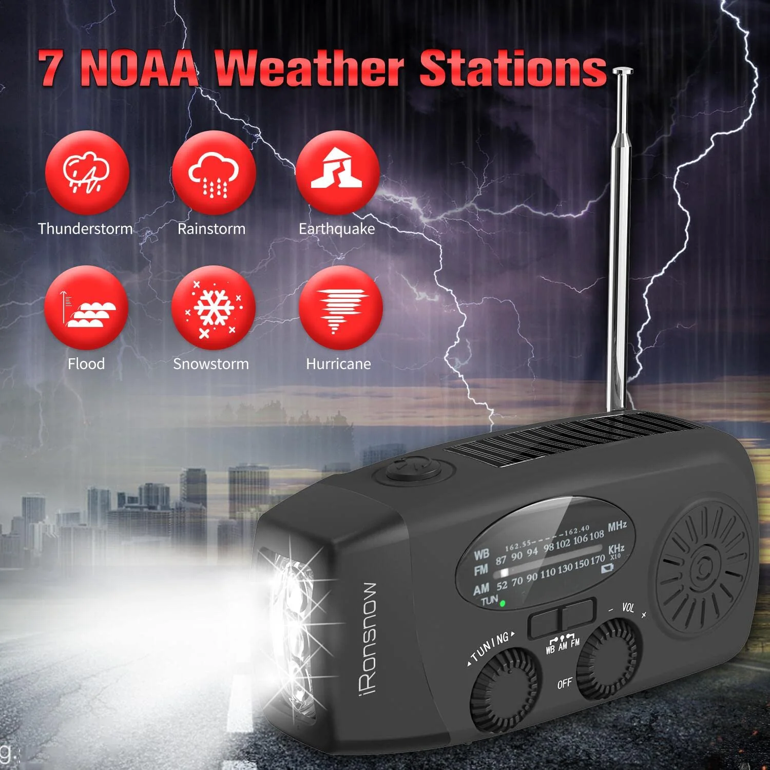 Solar Emergency NOAA Weather Radio Dynamo Hand Crank Self Powered AM FM WB Radios 3 LED Flashlight 2000mAh USB Smart Phone Charger Power Bank SOS Alarm (Black) IR088 Black - Image 6