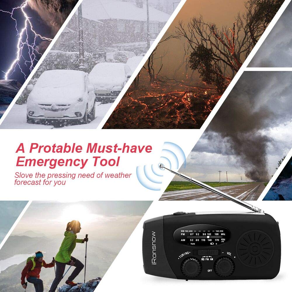 Solar Emergency NOAA Weather Radio Dynamo Hand Crank Self Powered AM FM WB Radios 3 LED Flashlight 2000mAh USB Smart Phone Charger Power Bank SOS Alarm (Black) IR088 Black - Image 7