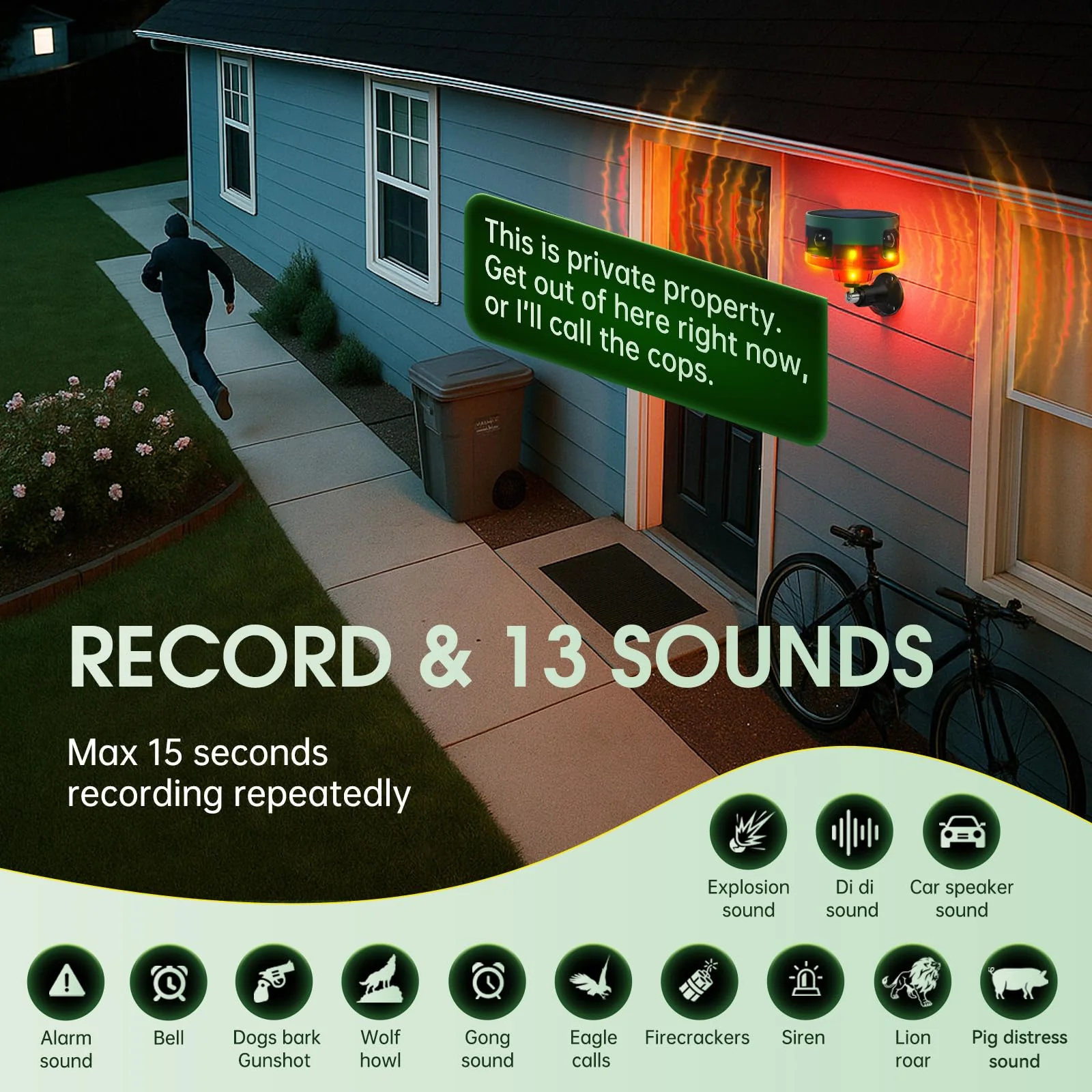 Solar Outdoor Motion Sensor Alarm, 130dB Dog Barking & Gunshot Sound, 13 Sounds, Strobe Light, Support Recording & Volume Control, Keeps Unwanted Animals Away from Yard, Garden, or Farm - Image 6