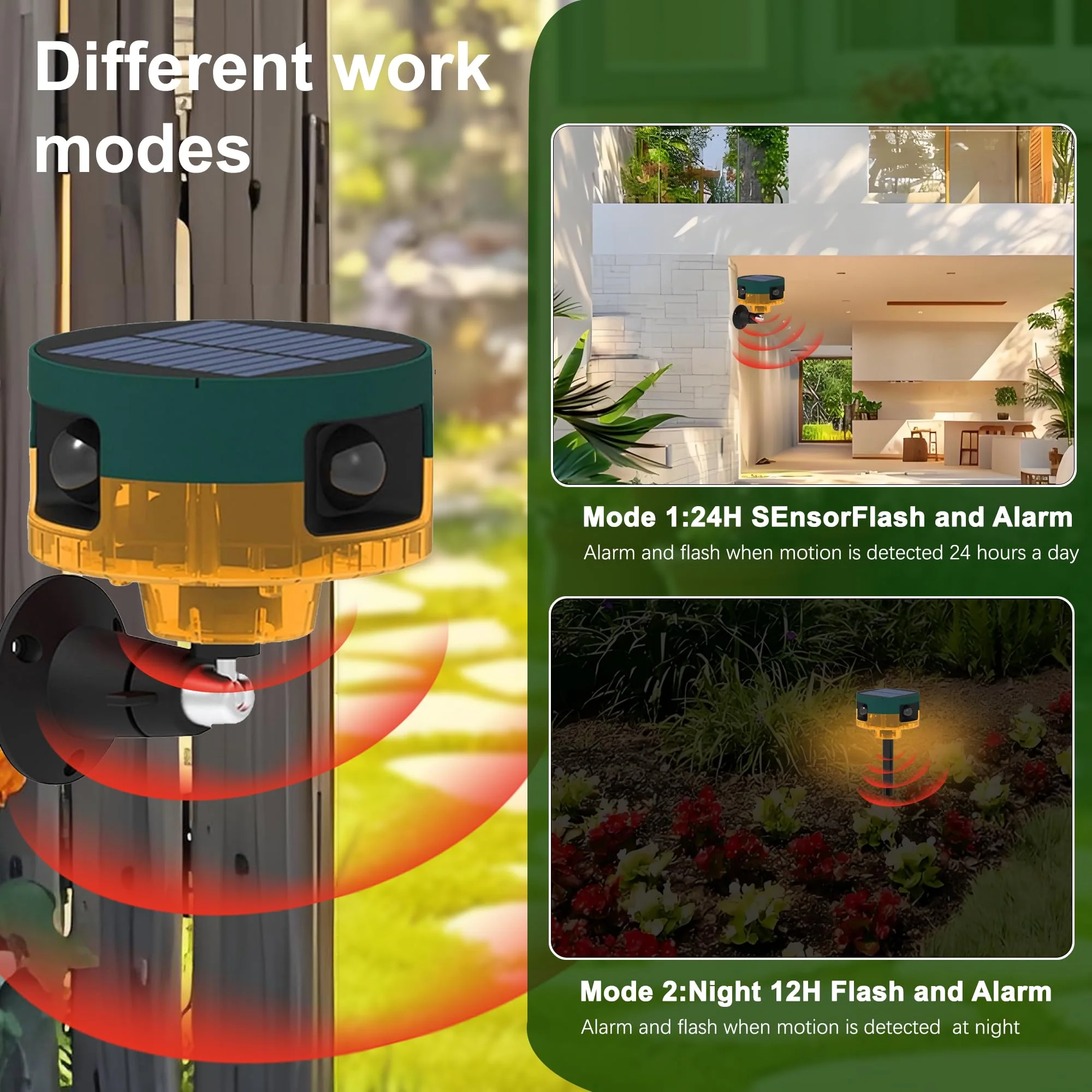 Solar Outdoor Motion Sensor Alarm: Dog Barking&Gunshot Sound, 129db Loud Siren,Support Recording, 13 Kinds of Sound Strobe Light Yellow 1 Pack - Image 2